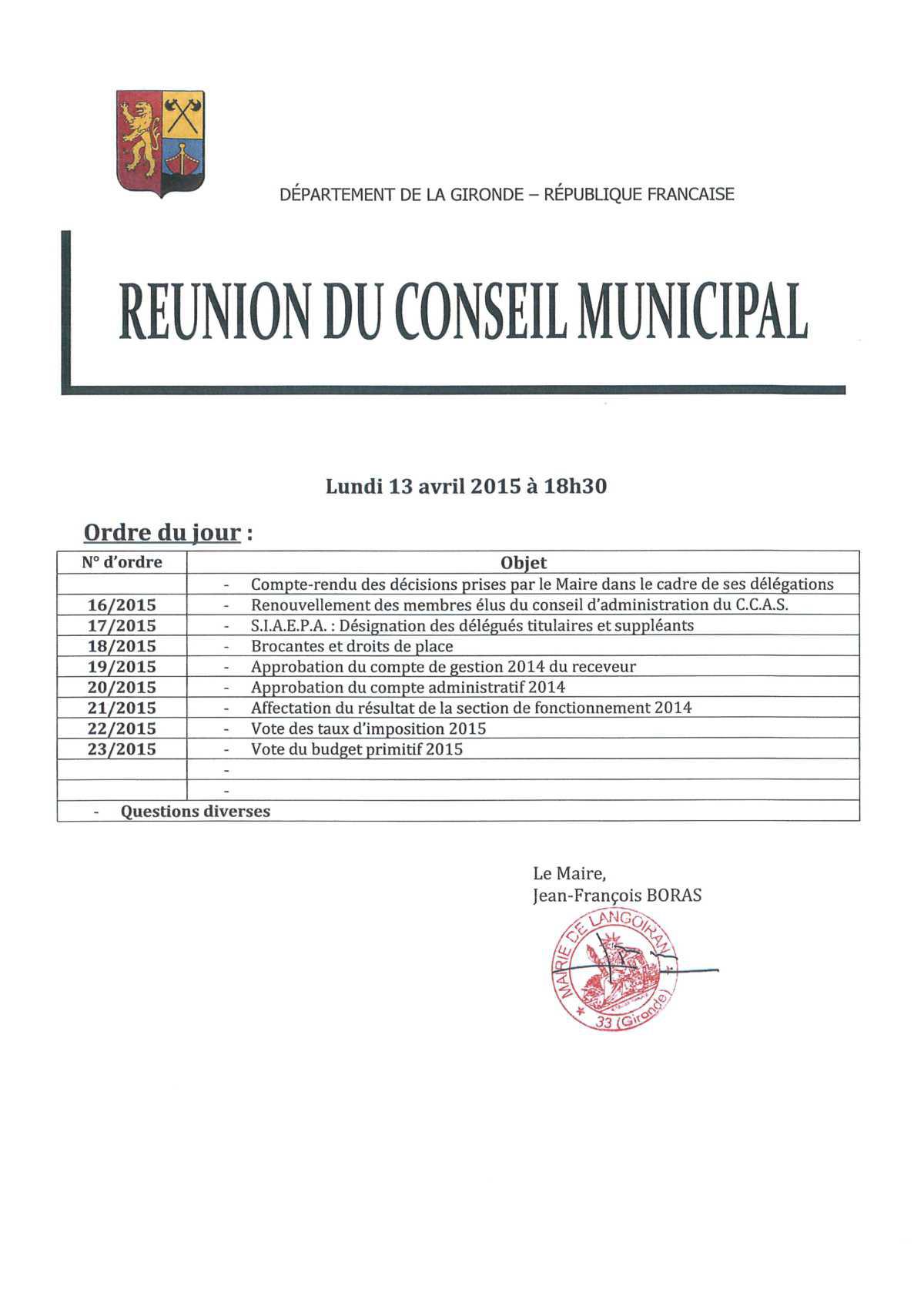 Conseil municipal du 13/04/2015