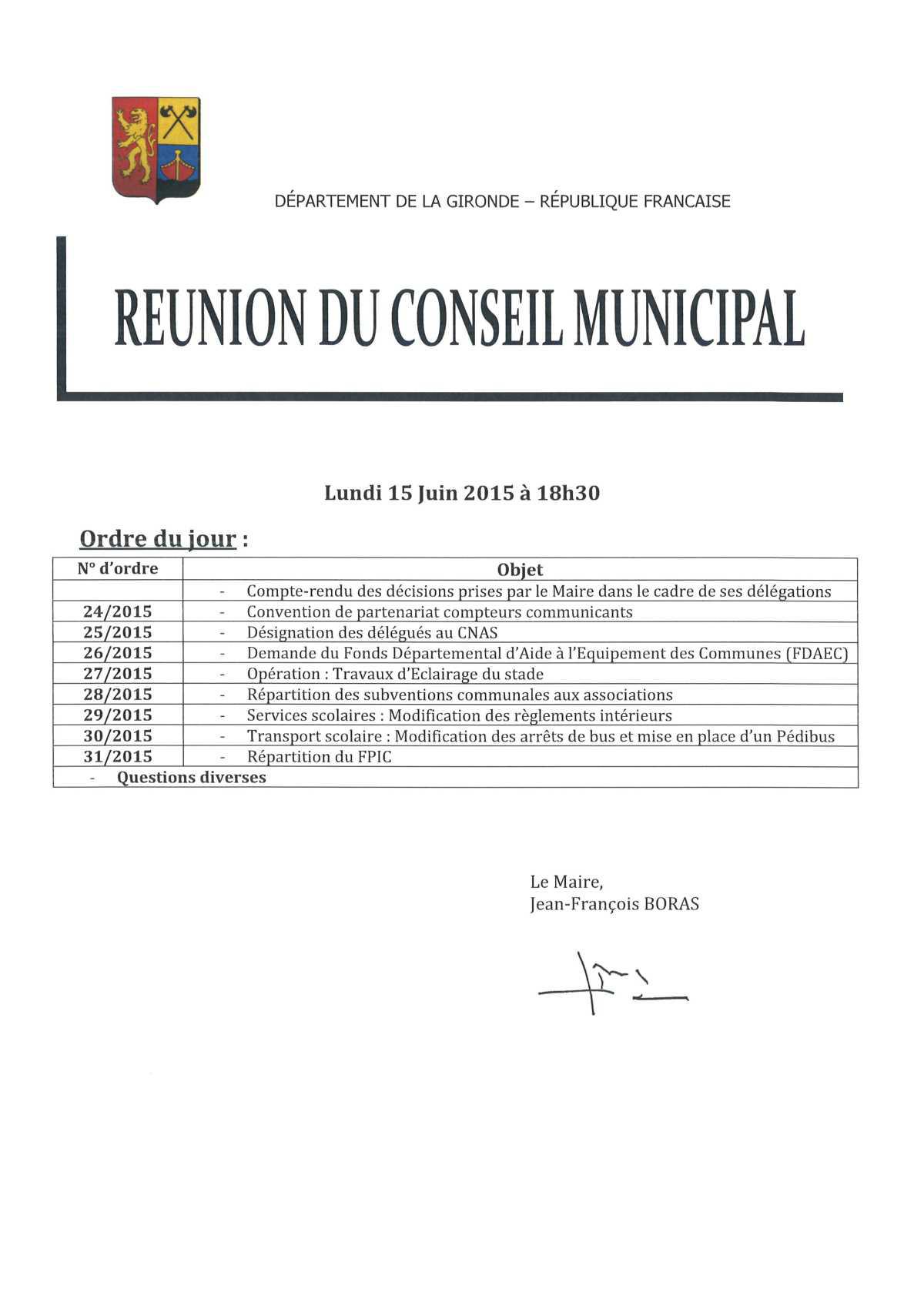 Conseil municipal du 15/06/2015