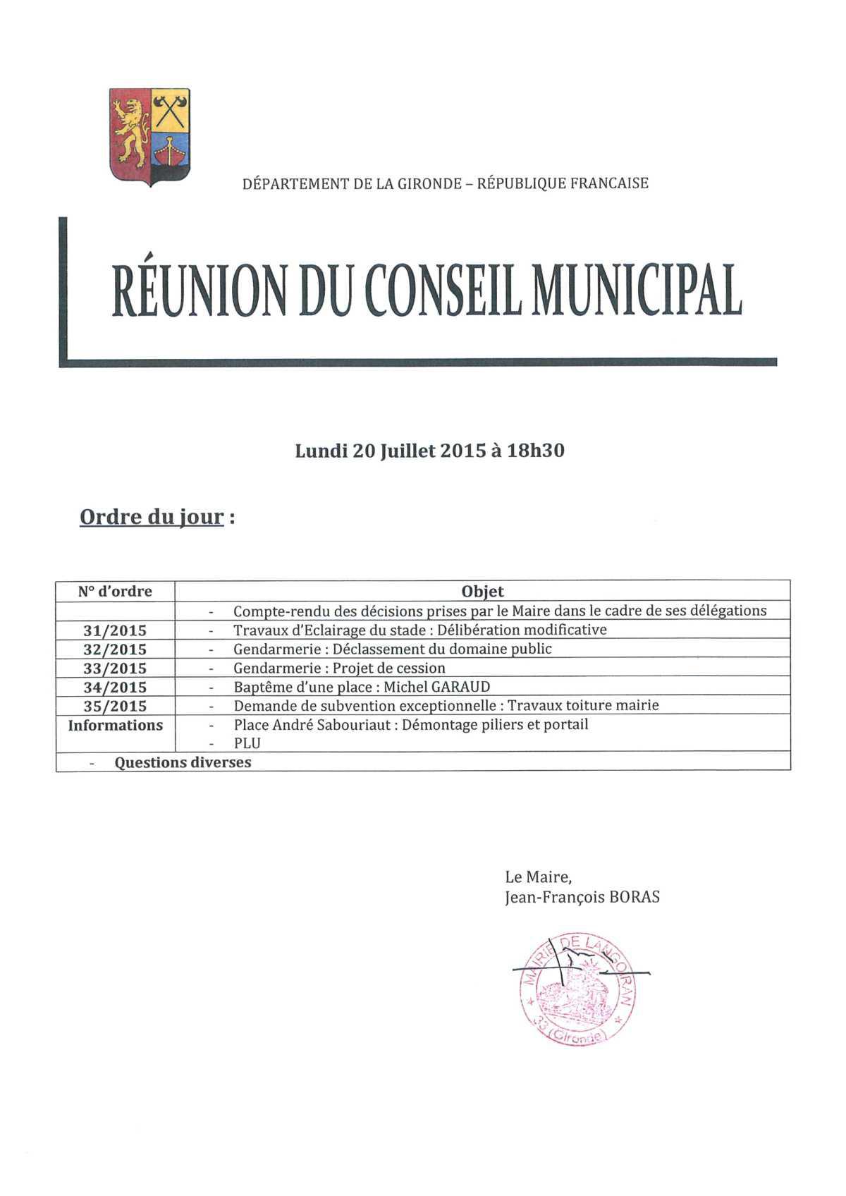 Conseil municipal du 20/07/2015