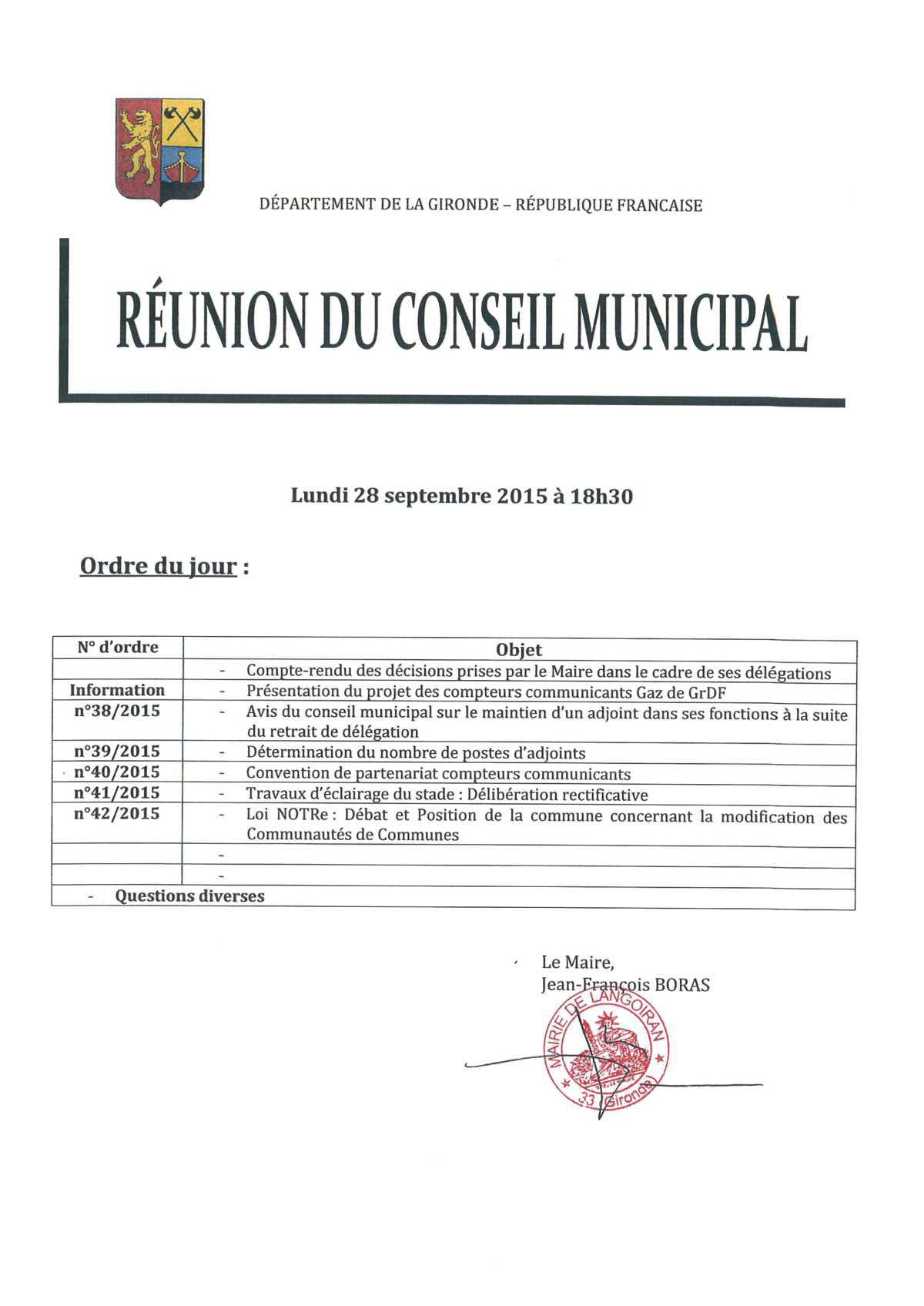 Conseil municipal du 28/09/2015
