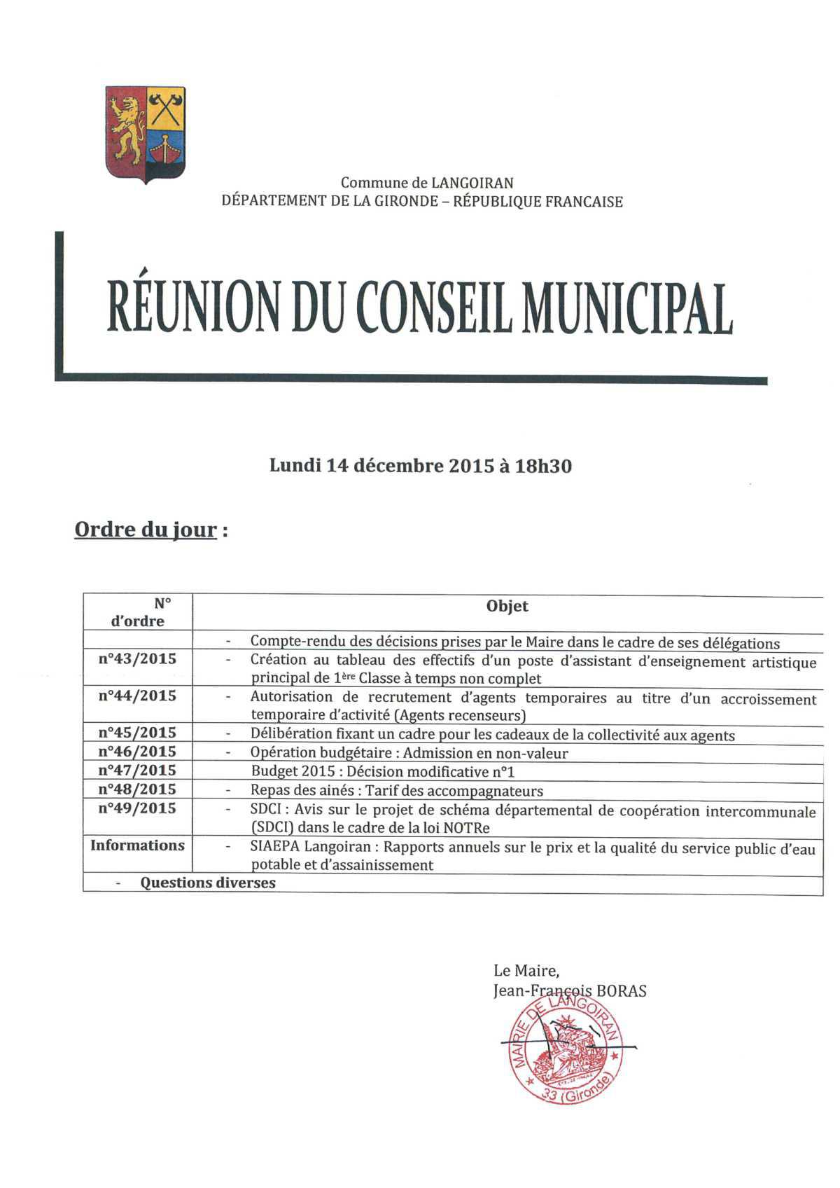 Conseil municipal du 14/12/2015