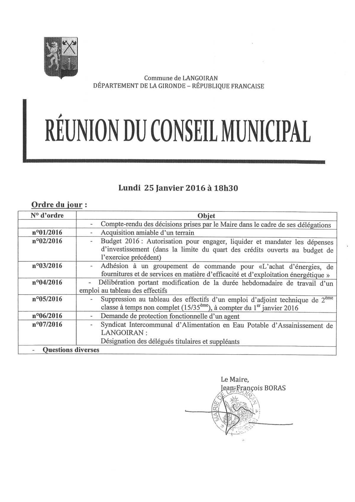 Conseil municipal du 25/01/2016