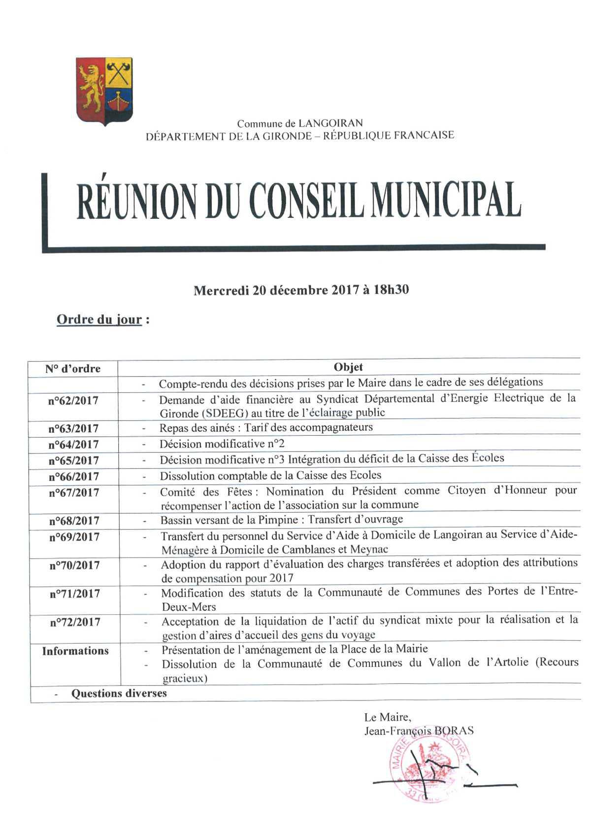 Conseil municipal du 20/12/2017
