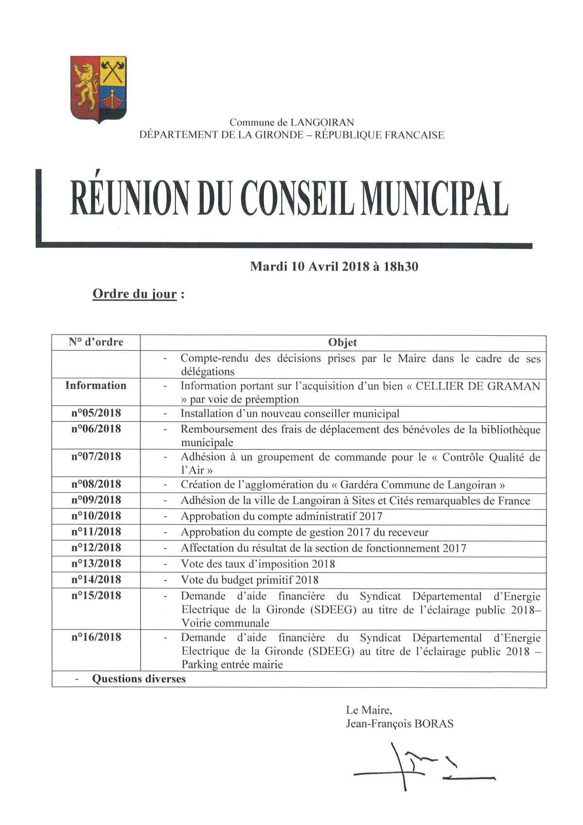 Conseil municipal du 10/04/2018