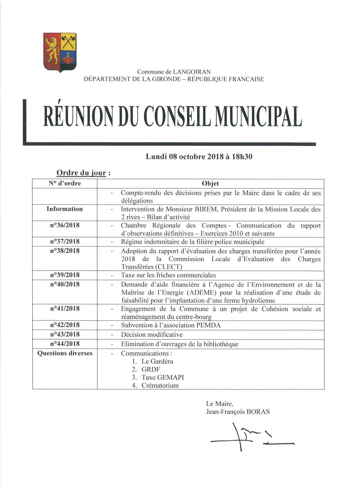 Conseil municipal du 08/10/2018