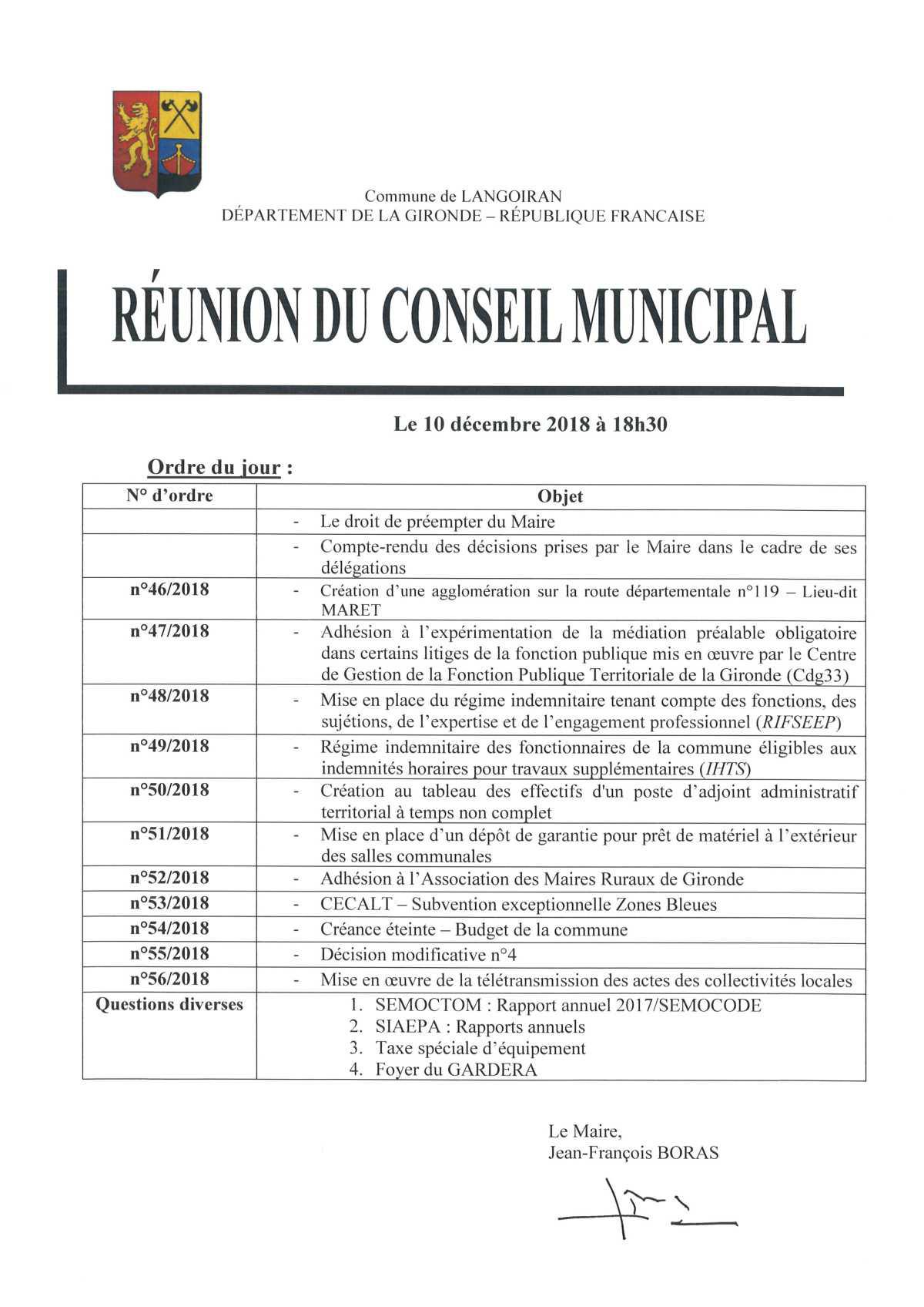 Conseil municipal du 10/12/2018