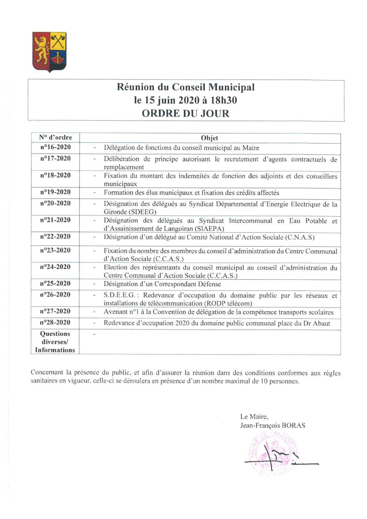 Conseil municipal du 15/06/2020