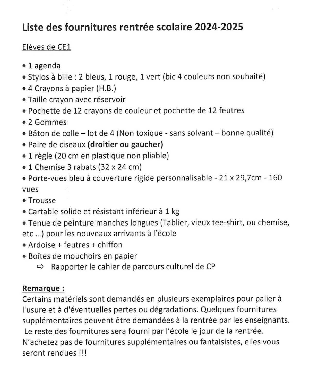 Liste des fournitures scolaires pour la rentrée 2024