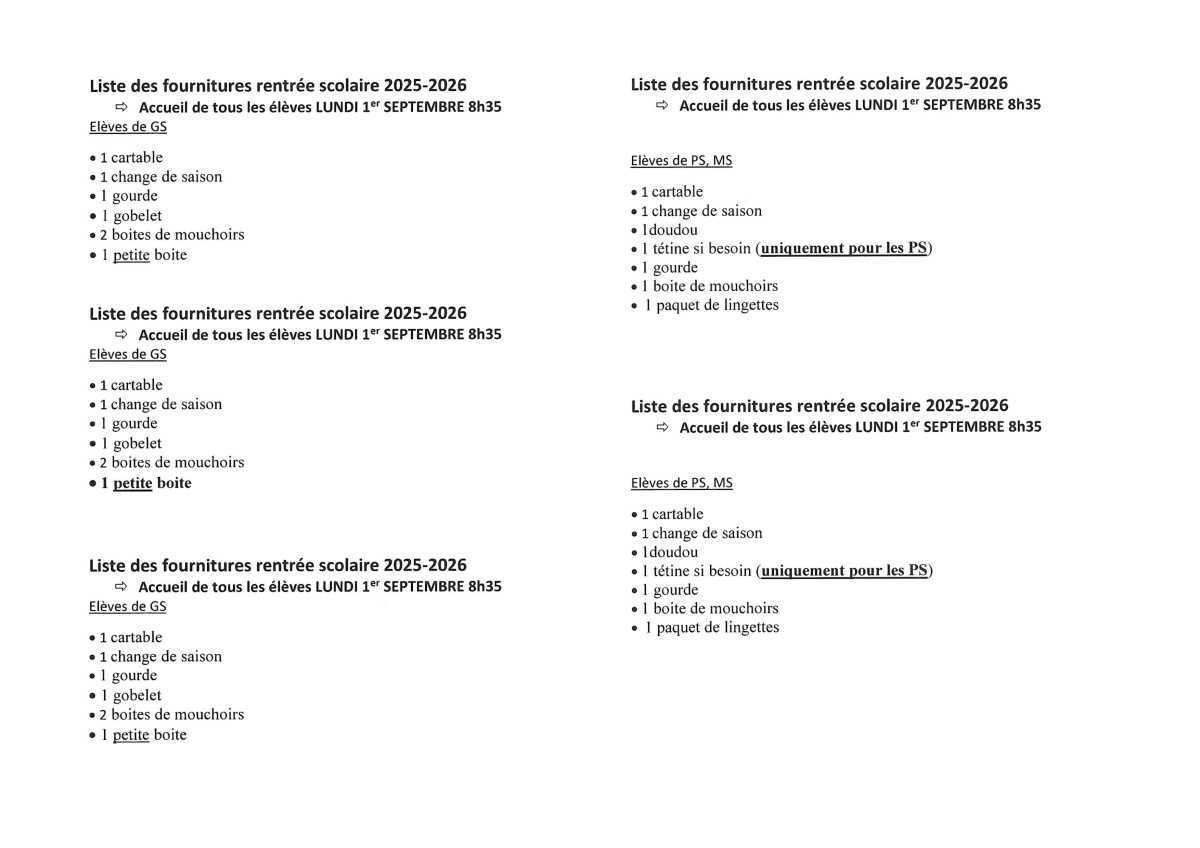 Liste des fournitures scolaires pour la rentrée 2025