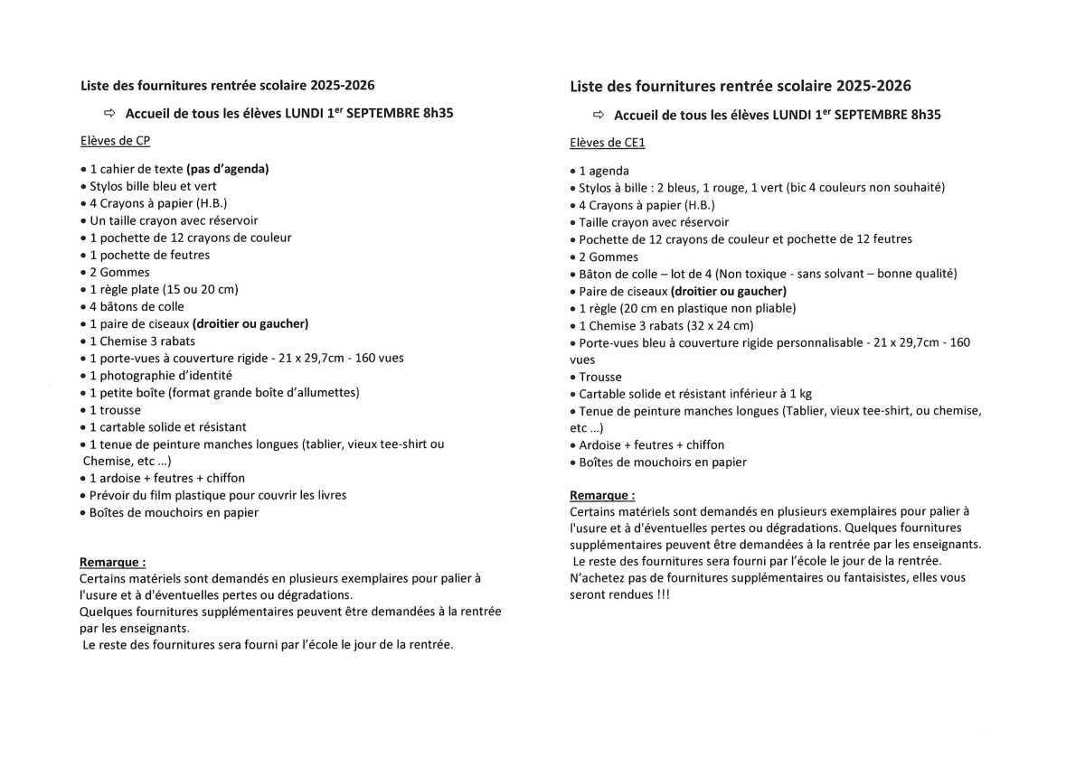 Liste des fournitures scolaires pour la rentrée 2025 Liste des fournitures scolaires pour la rentrée 2025
