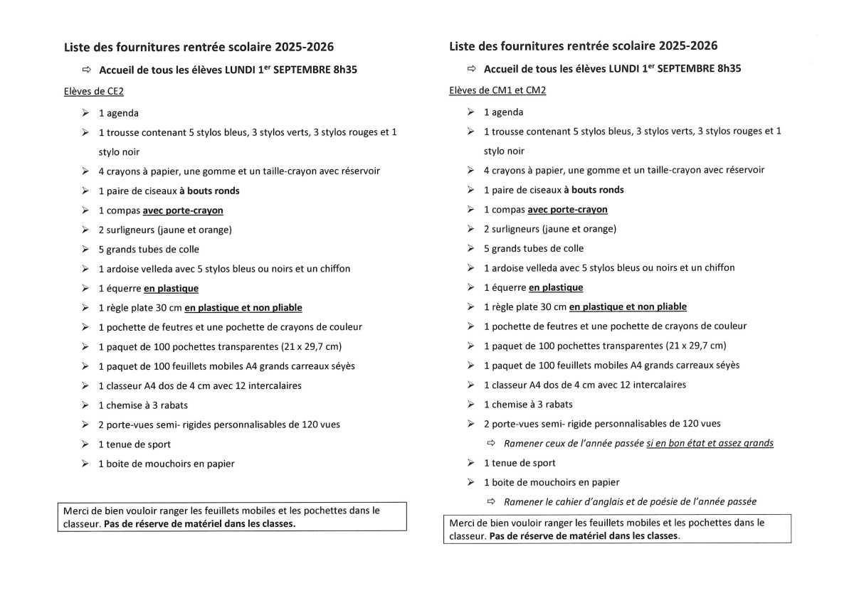 Liste des fournitures scolaires pour la rentrée 2025 Liste des fournitures scolaires pour la rentrée 2025