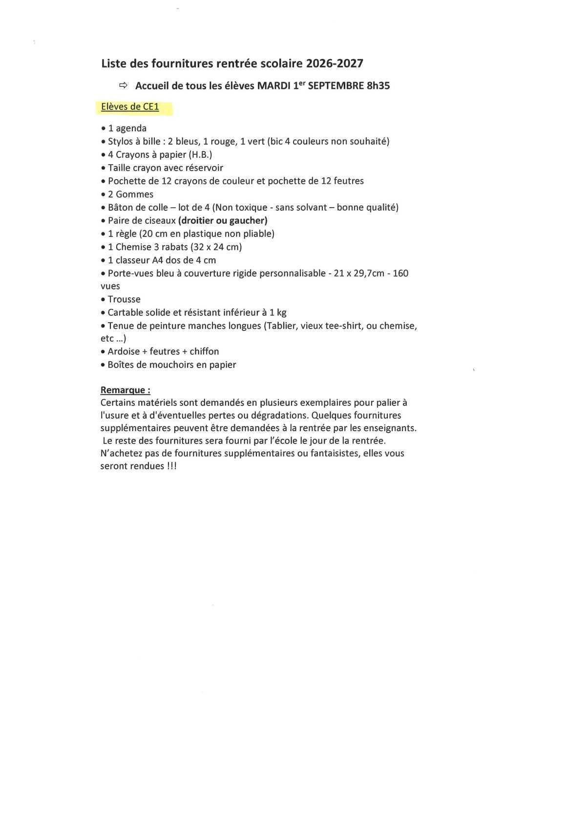 Liste des fournitures scolaires et informations utiles pour la rentrée 2026