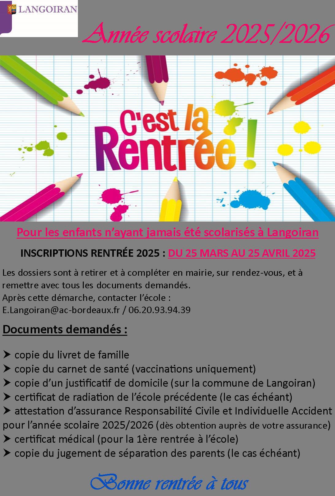 Inscriptions scolaires rentrée 2025
