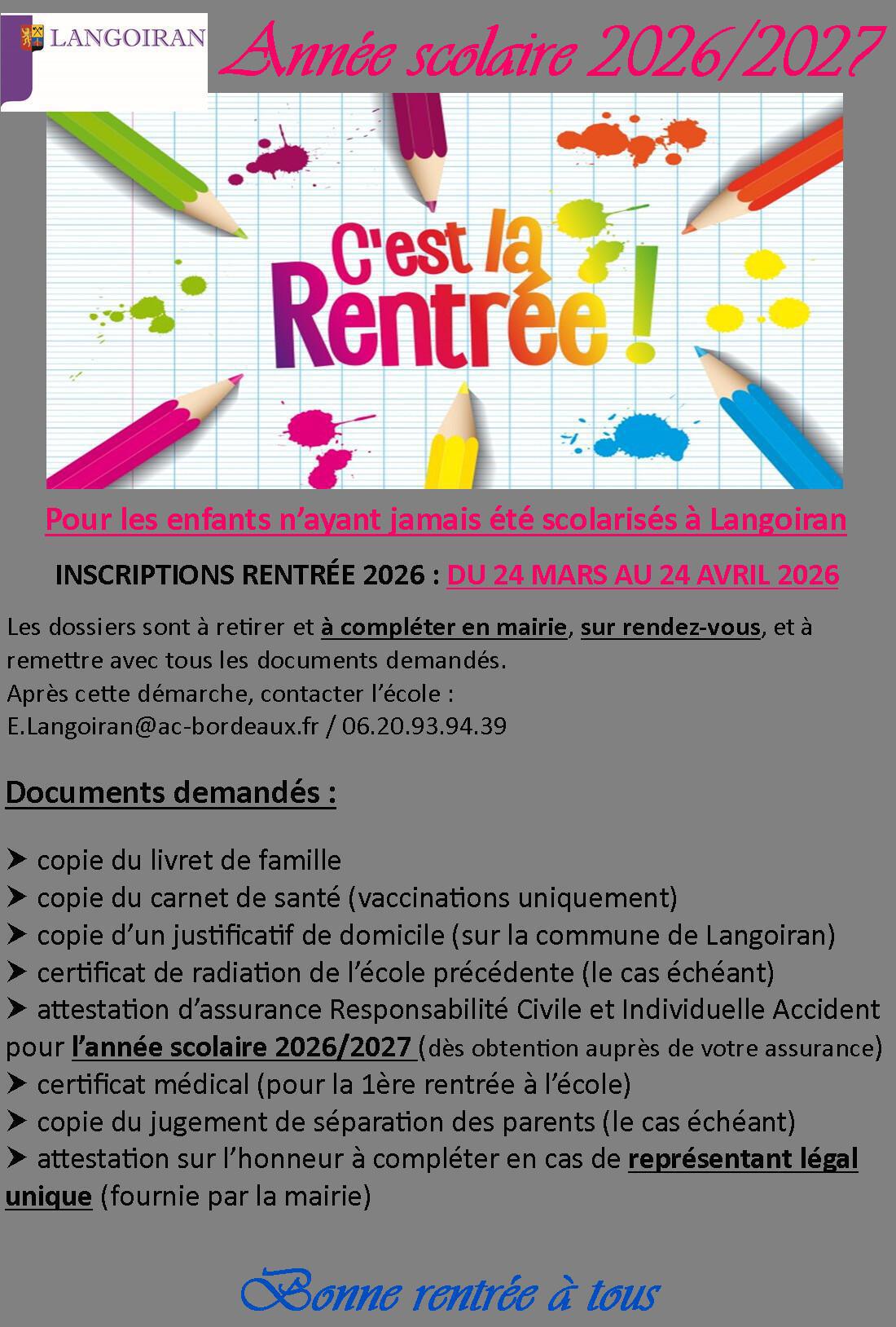 Inscriptions scolaires rentrée 2026