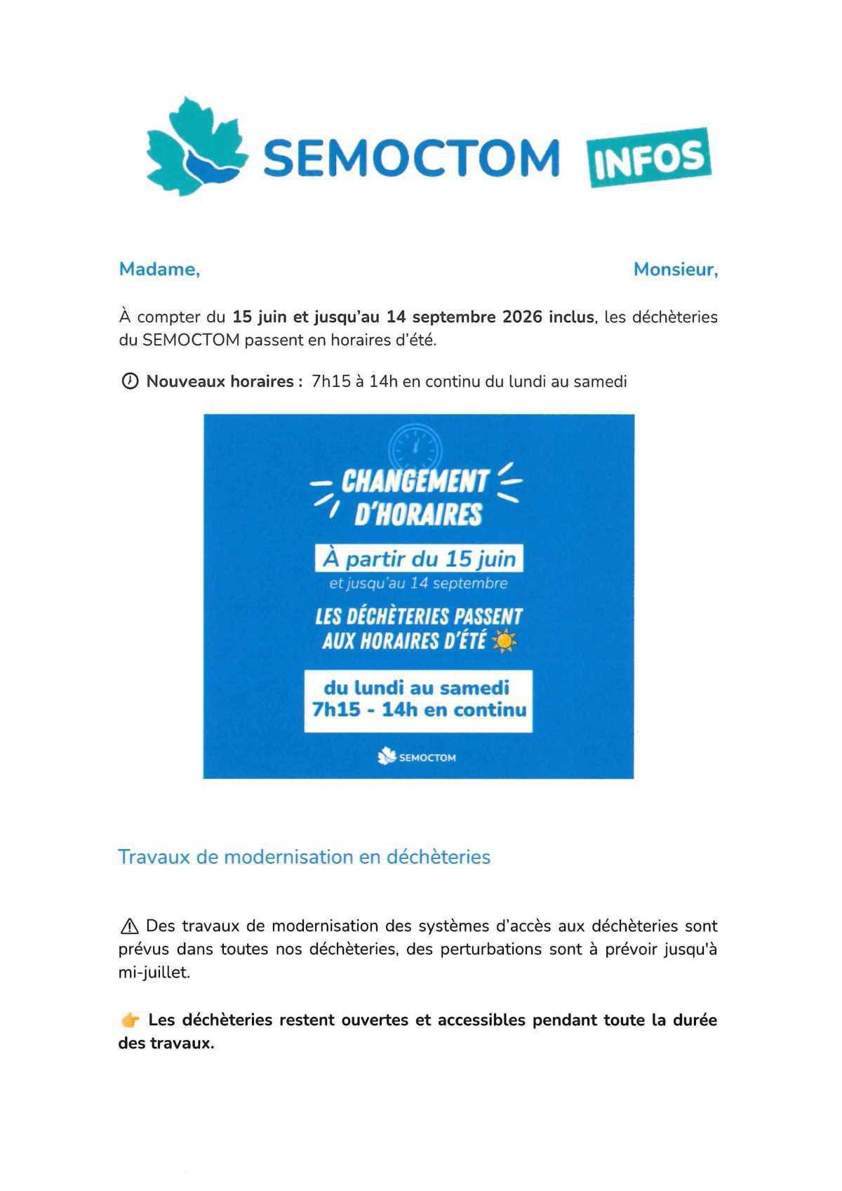 Déchèteries : horaires d'été 2026