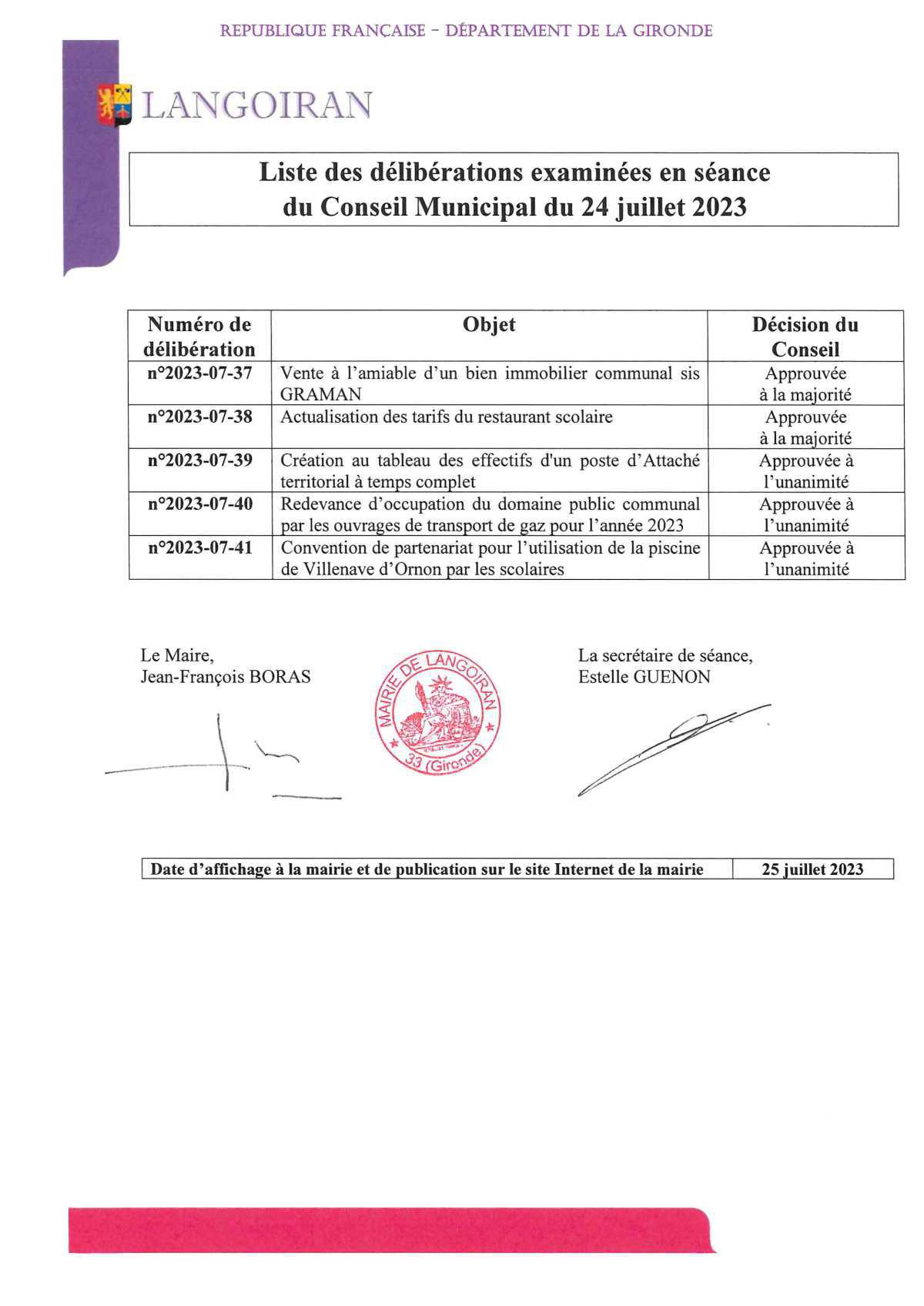 Conseil municipal du 24/07/2023