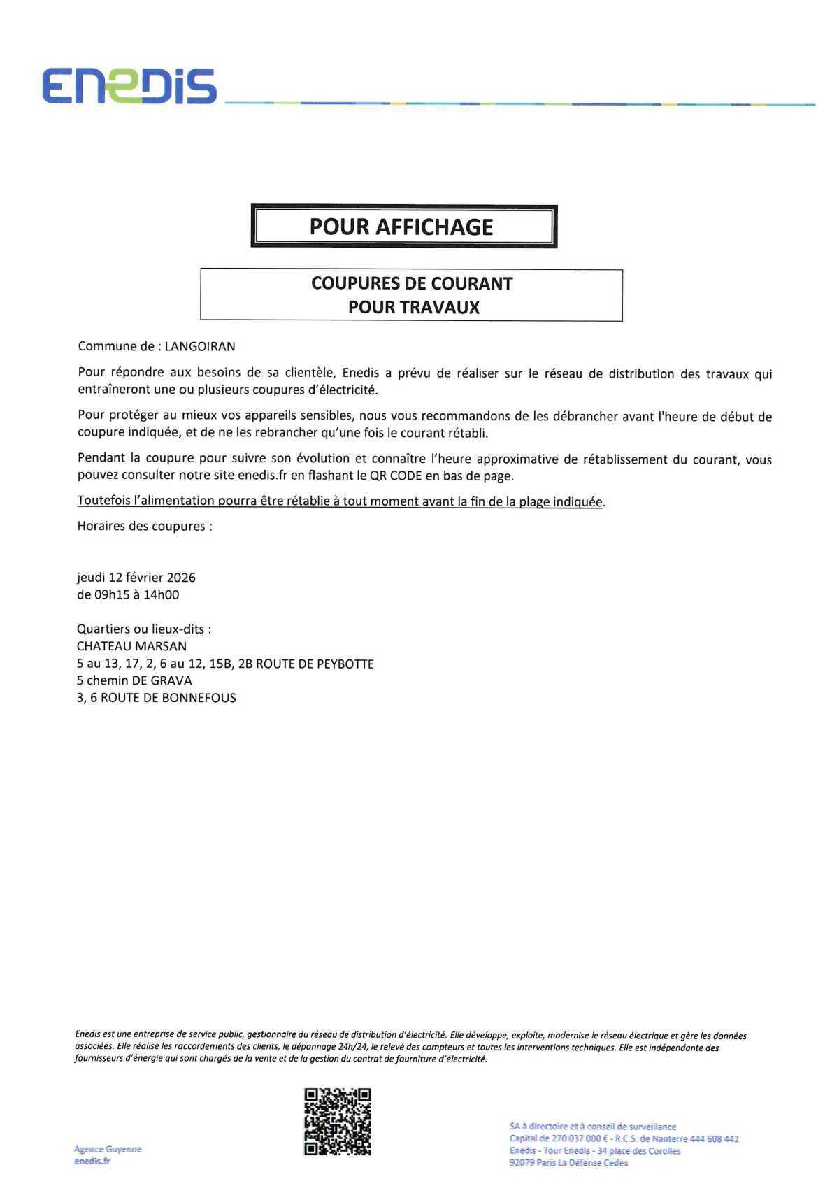 ENEDIS : Information coupure d'électricité