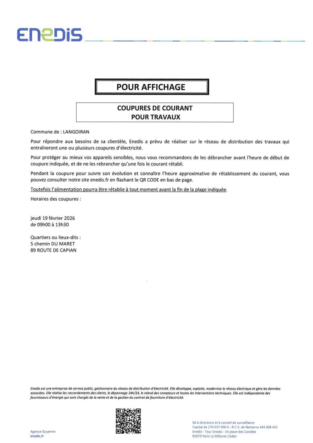 ENEDIS : Information coupure d'électricité