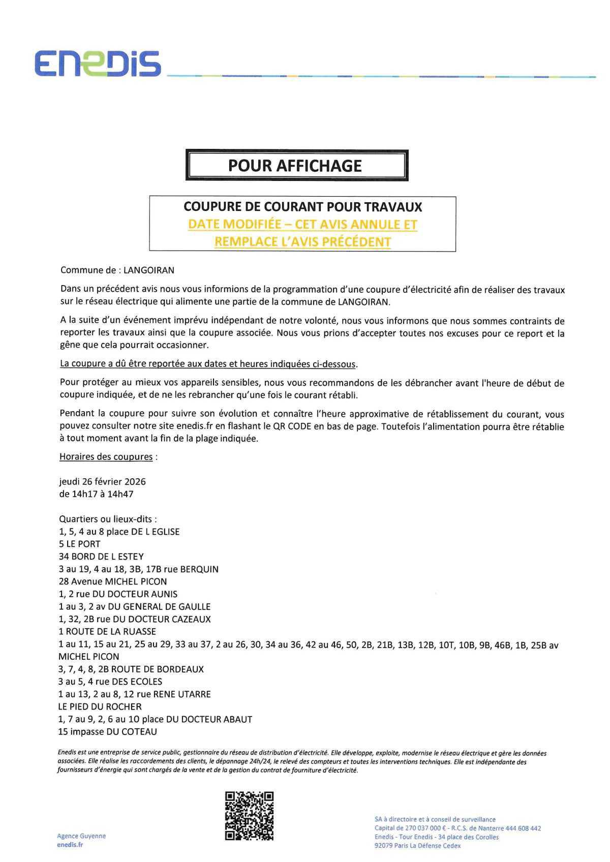 ENEDIS : Information coupure d'électricité