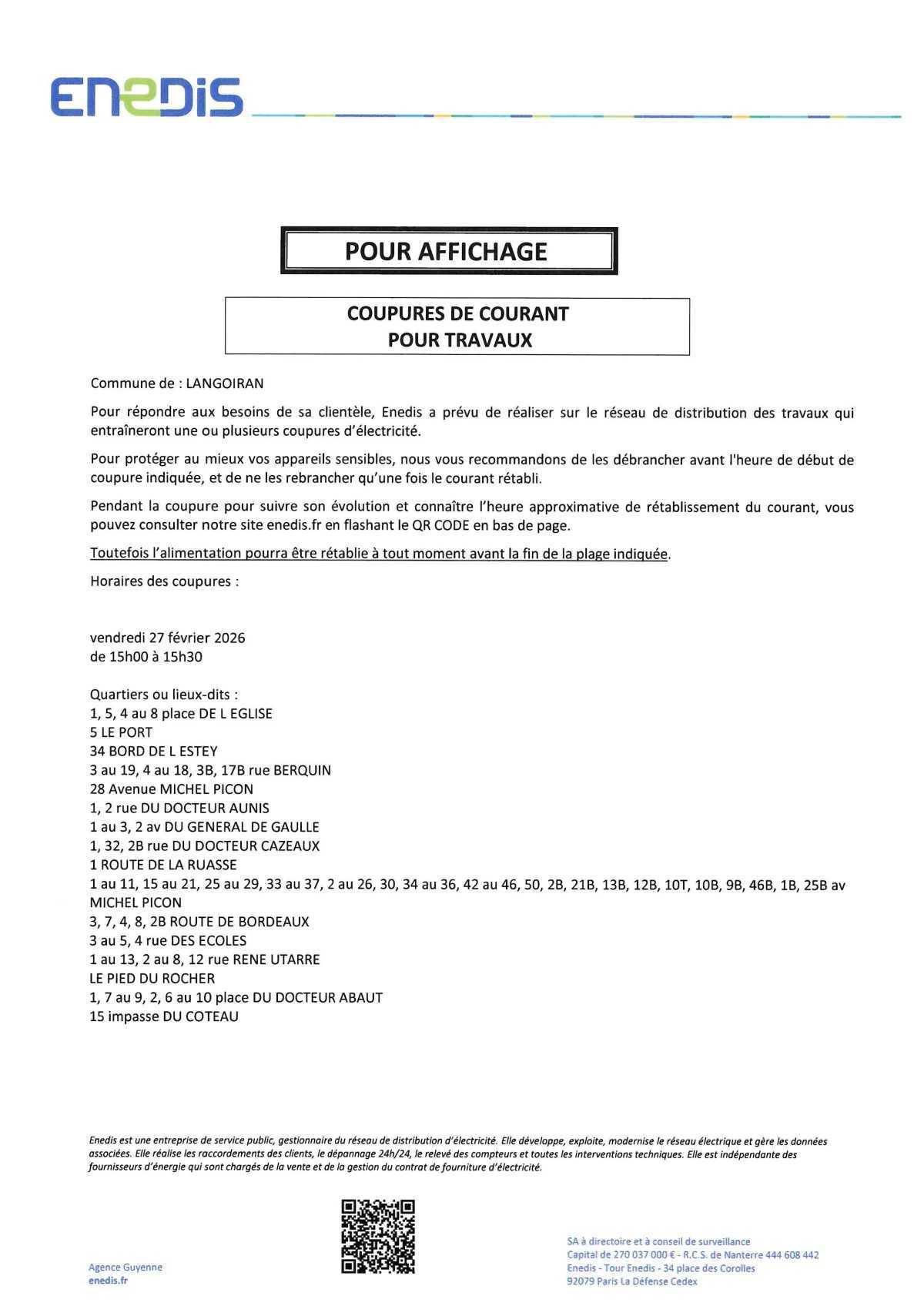 ENEDIS : Information coupure d'électricité