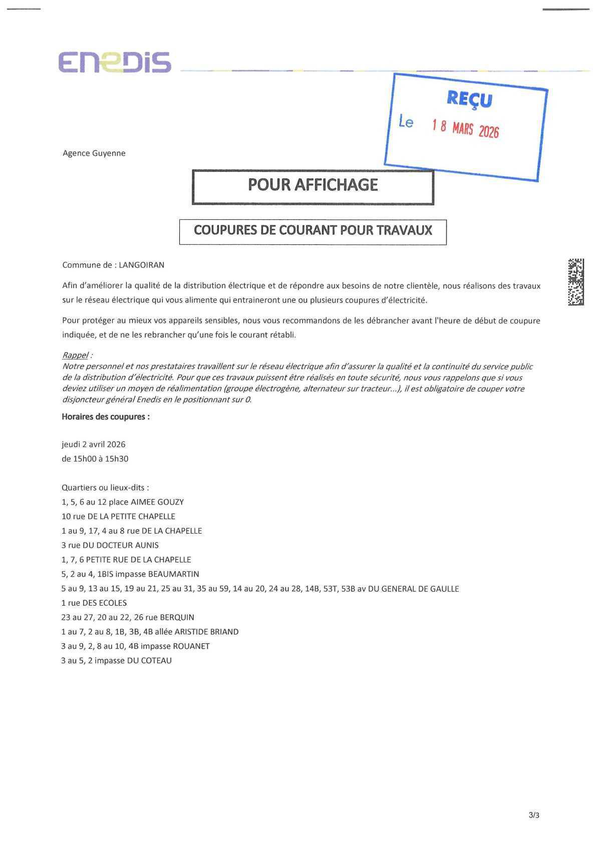 ENEDIS : Information coupures d'électricité