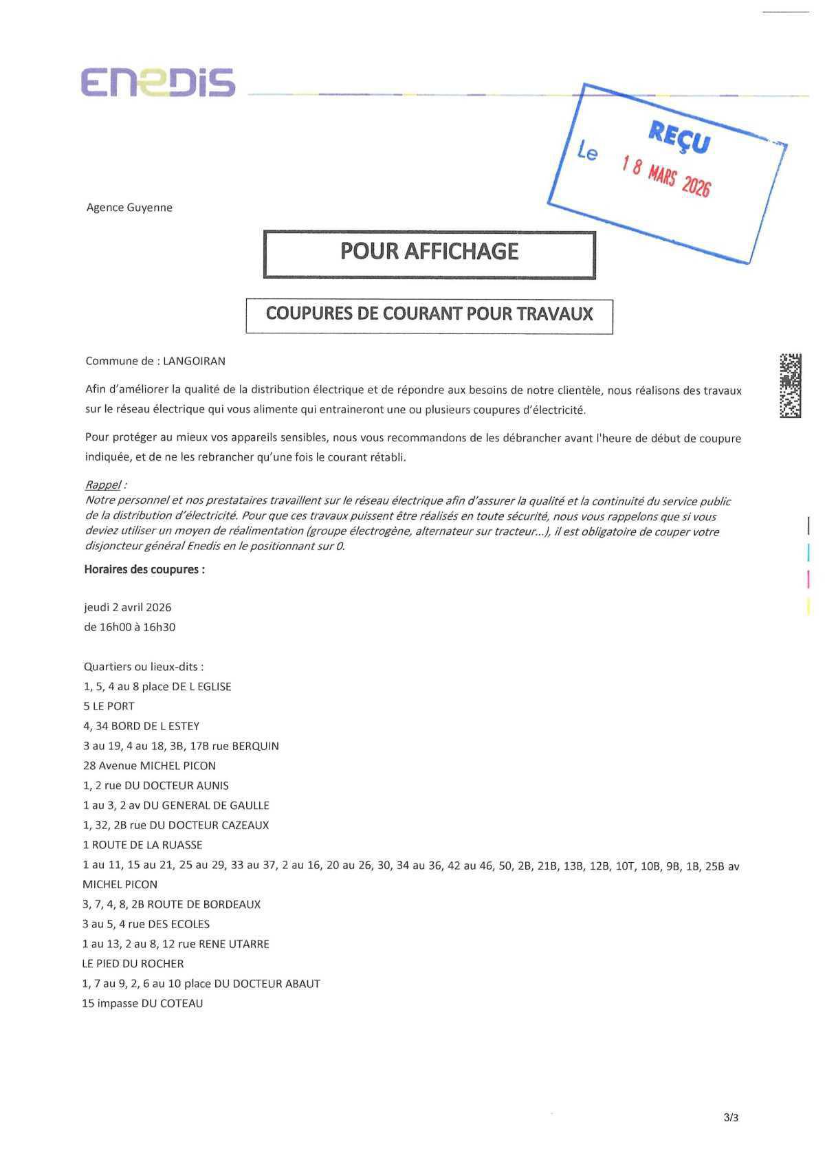 ENEDIS : Information coupures d'électricité