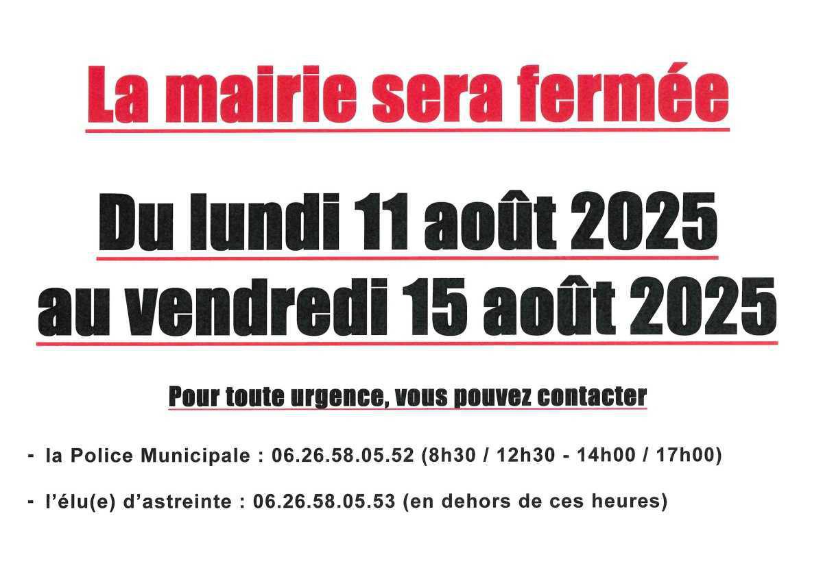 Fermeture Mairie semaine du 15 août 2025