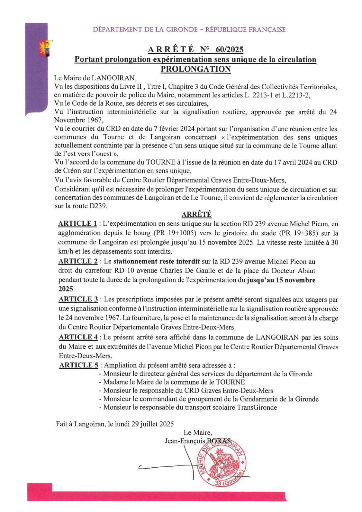 Sens unique avenue Michel Picon : prolongation