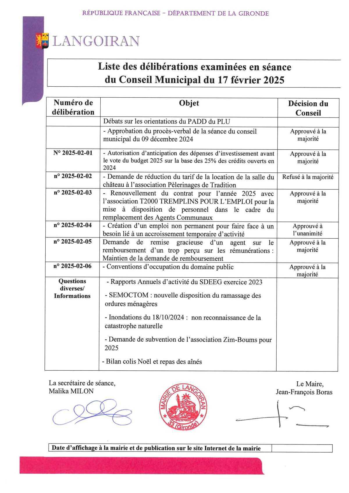 Conseil municipal du 17/02/2025