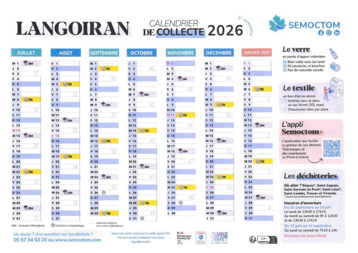 SEMOCTOM : calendrier des collectes 2026