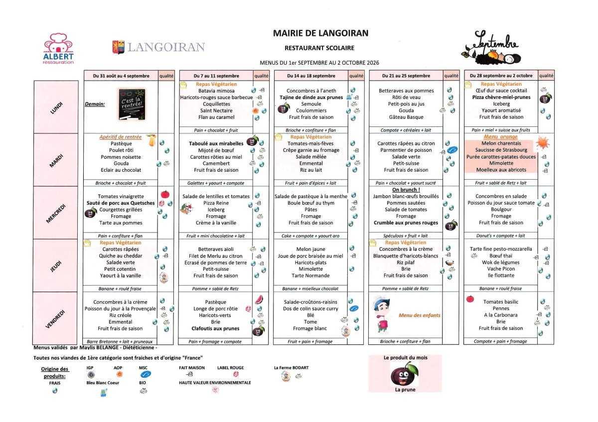 Menus du restaurant scolaire septembre 2026