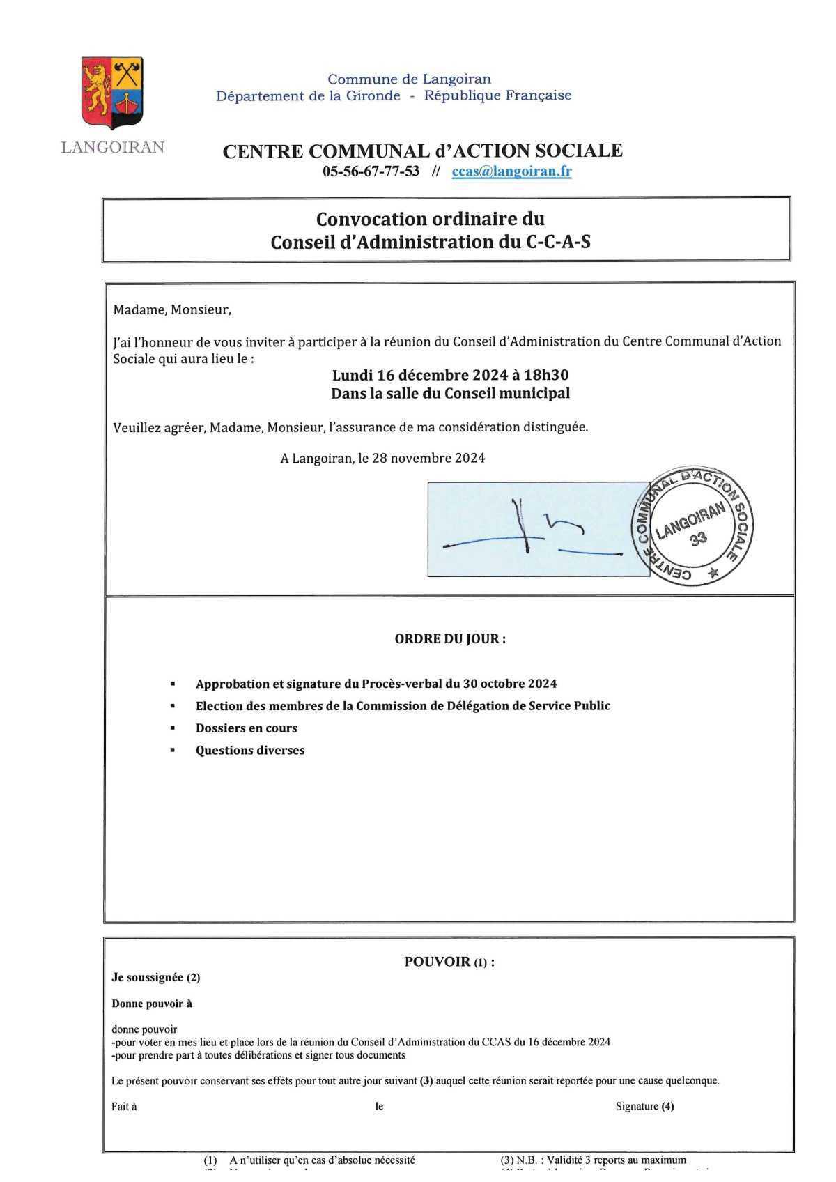 Conseil d'administration du CCAS du 16/12/2024