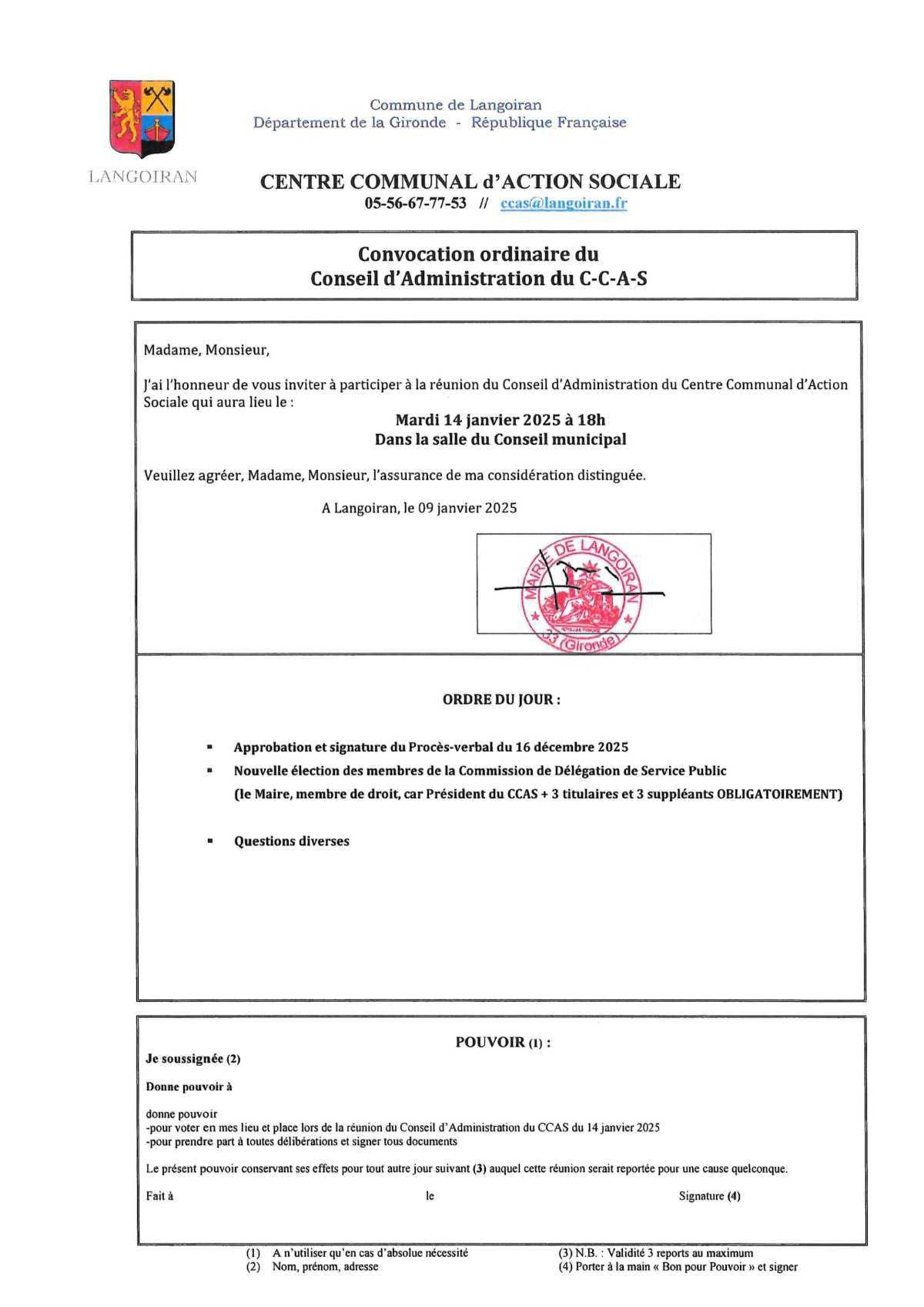 Conseil d'administration du CCAS du 14/01/2025