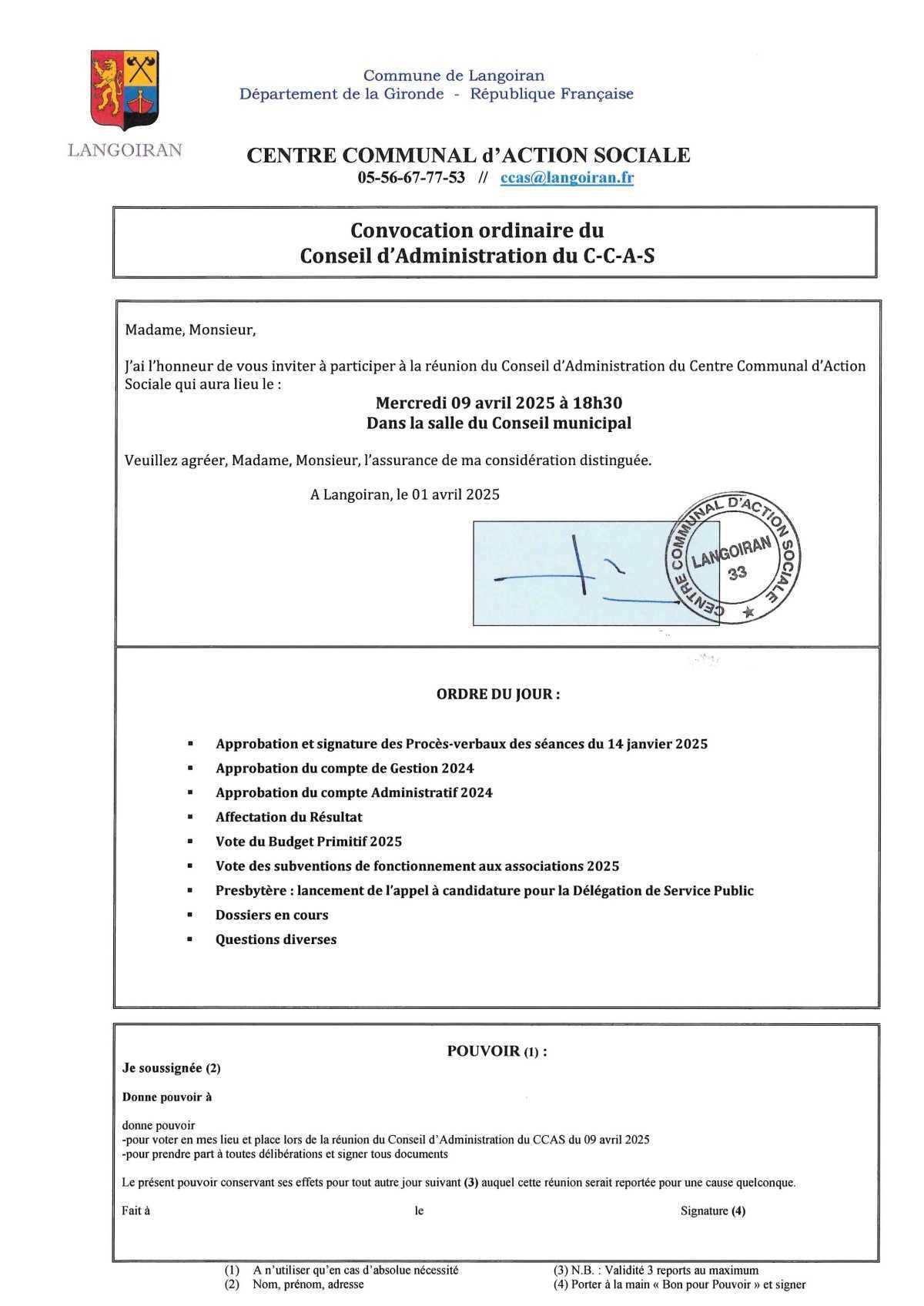 Conseil d'administration du CCAS du 09/04/2025