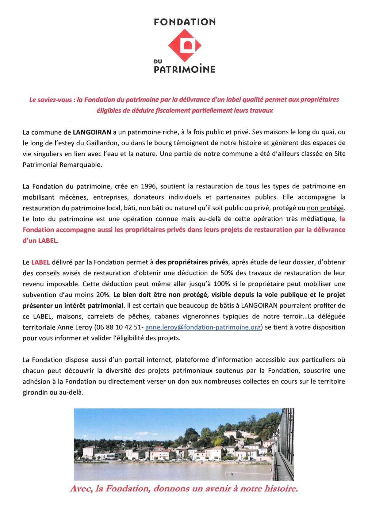 Informations de la Fondation du Patrimoine