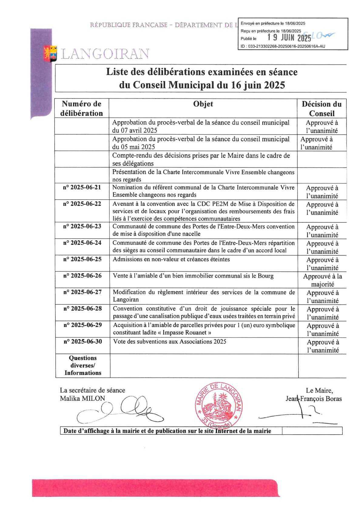 Conseil municipal du 16/06/2025