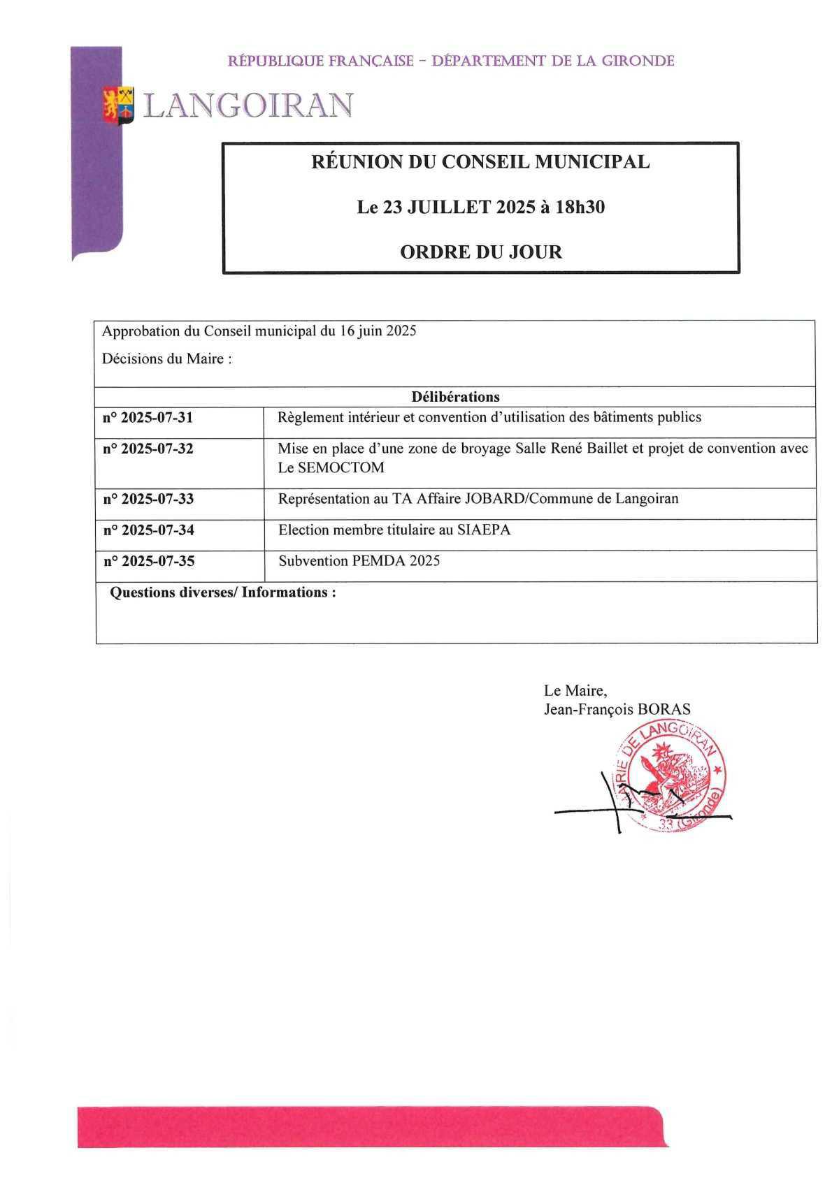 Conseil municipal du 23/07/2025