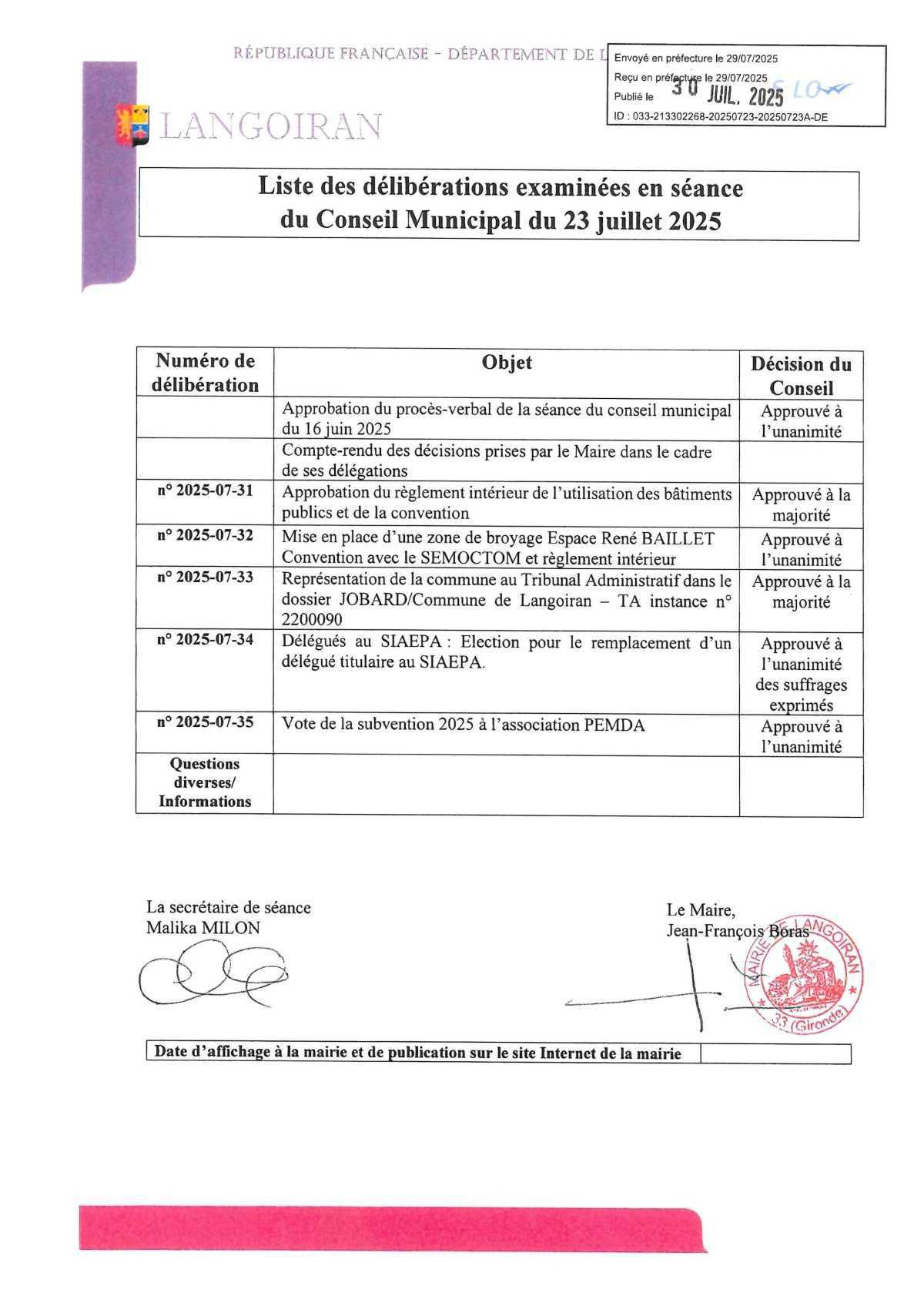 Conseil municipal du 23/07/2025