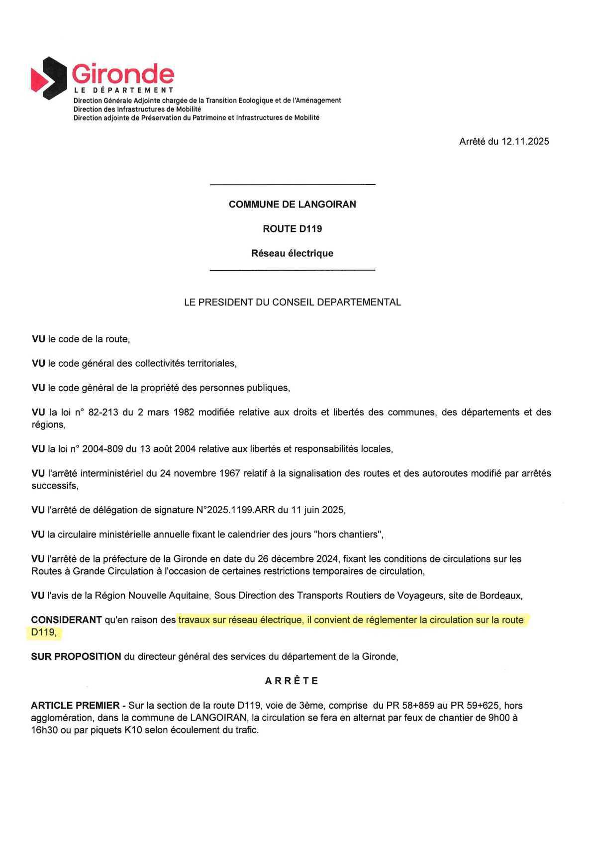 Travaux sur RD 119 : réseau électrique