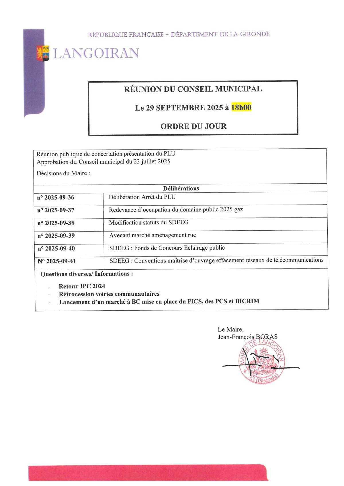 Conseil municipal du 29/09/2025