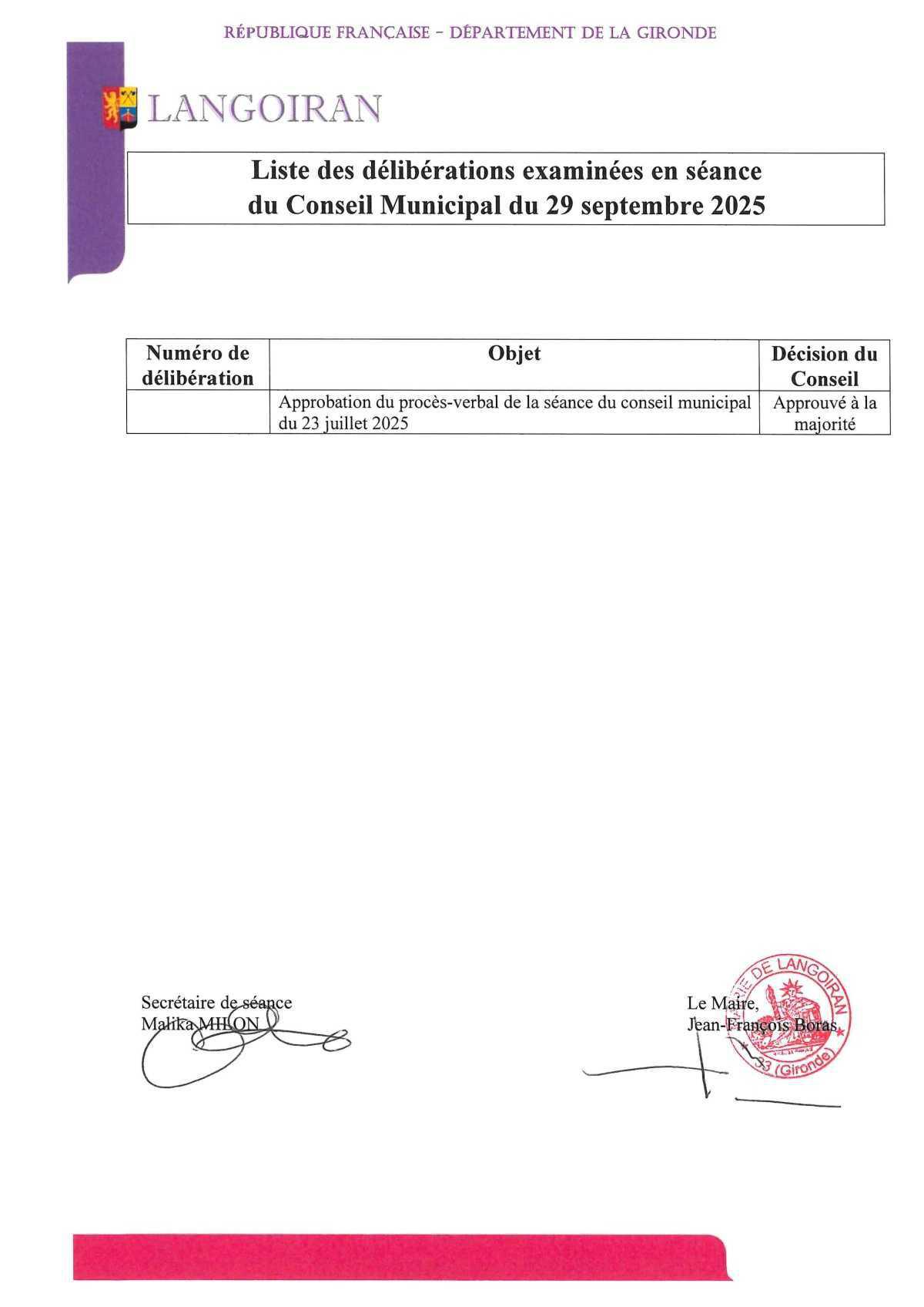 Conseil municipal du 29/09/2025