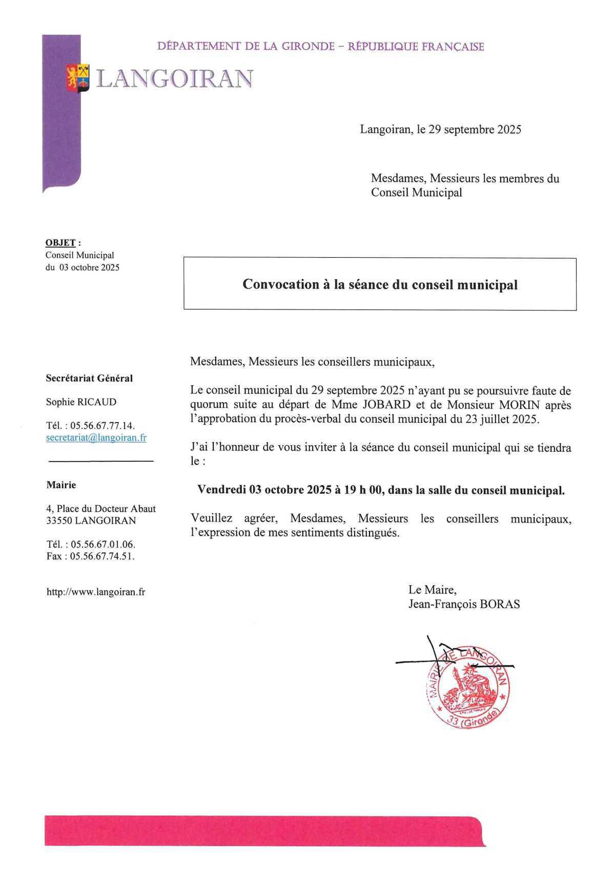 Conseil municipal du 03/10/2025