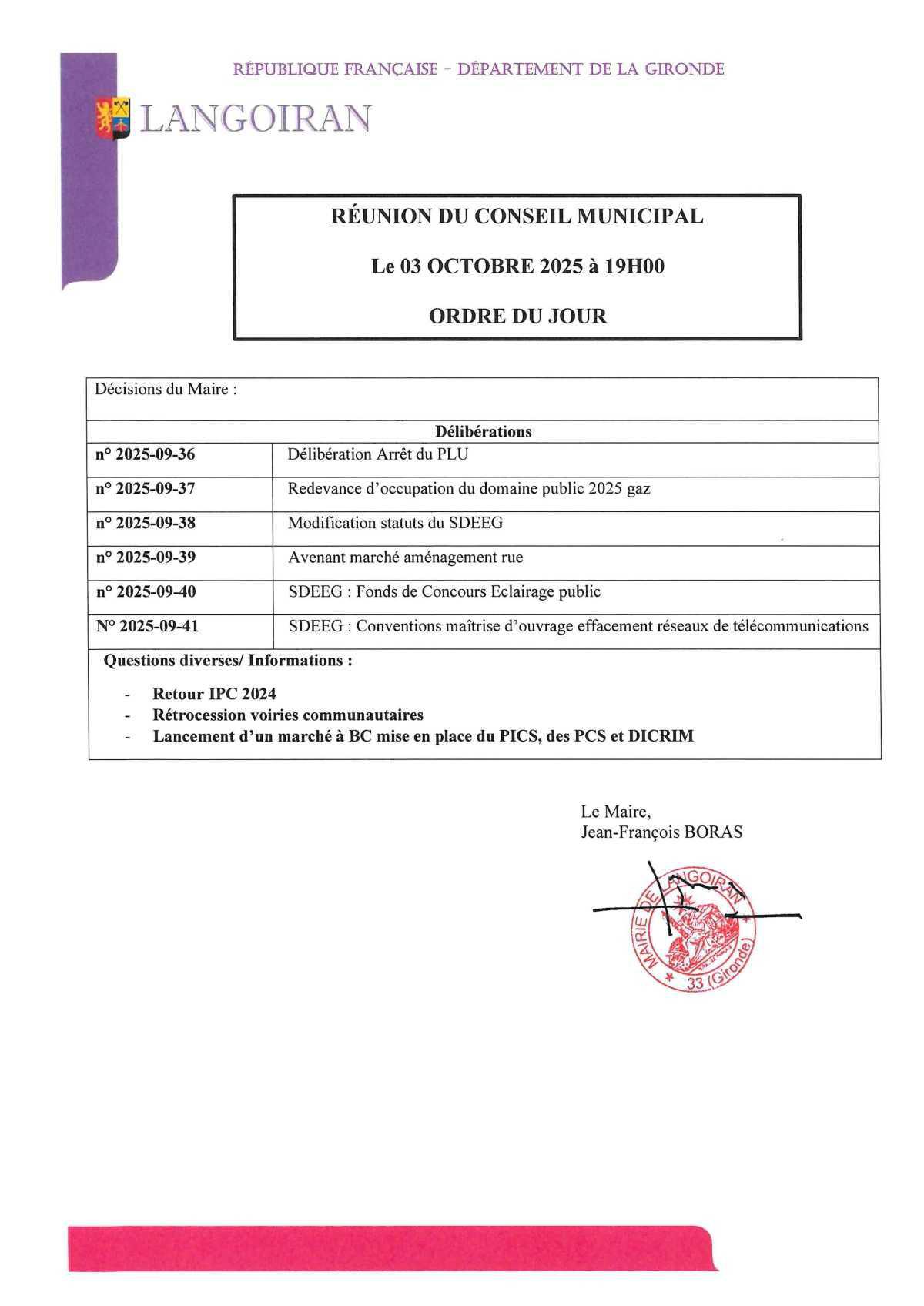 Conseil municipal du 03/10/2025