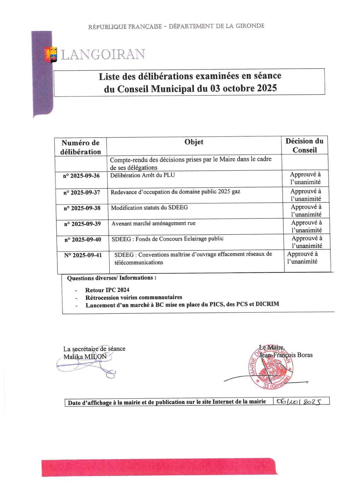 Conseil municipal du 03/10/2025