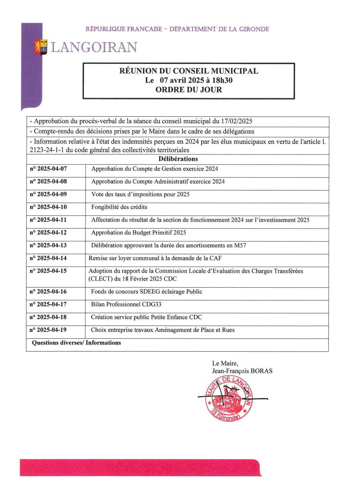 Conseil municipal du 07/04/2025