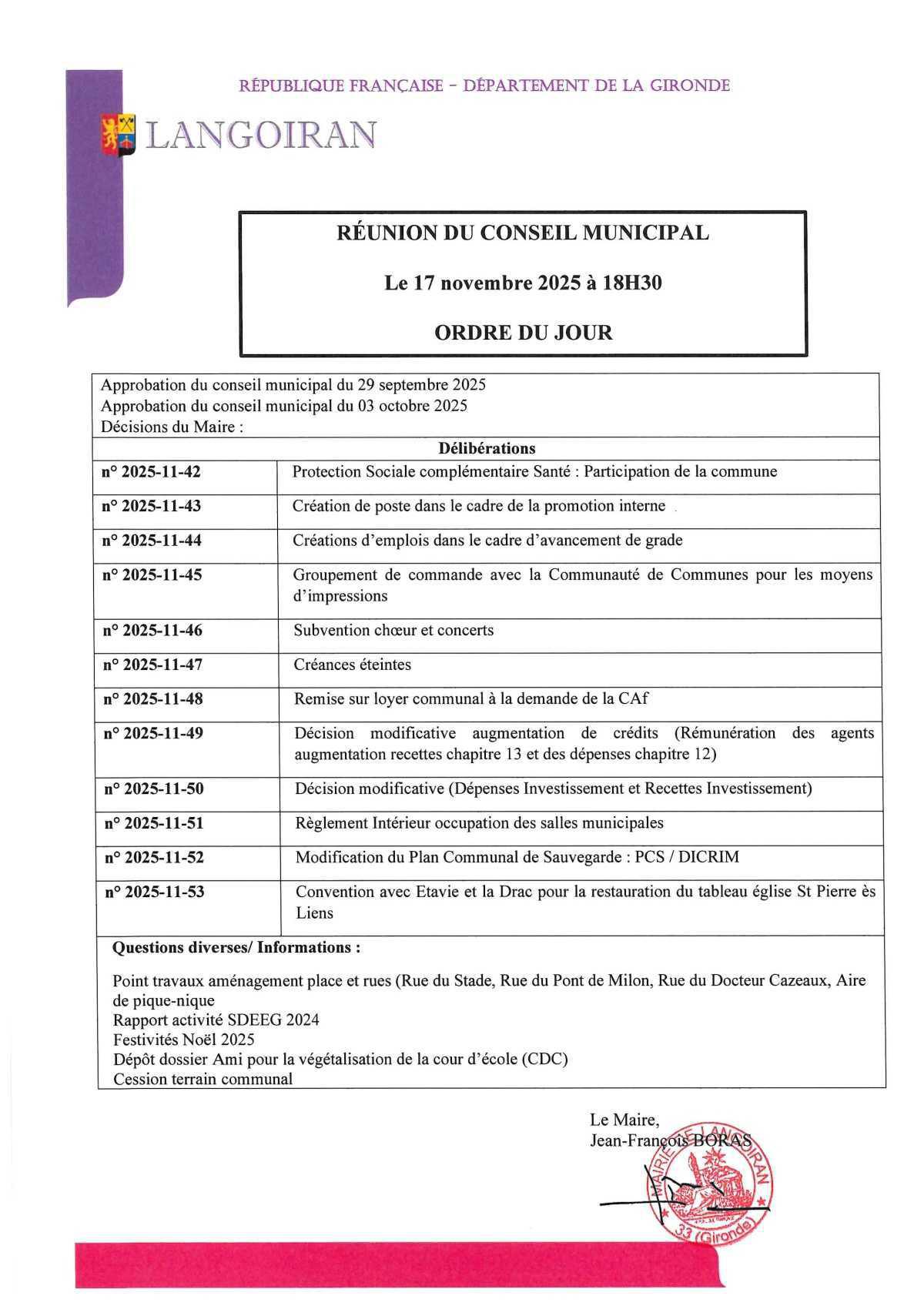 Conseil municipal du 17/11/2025
