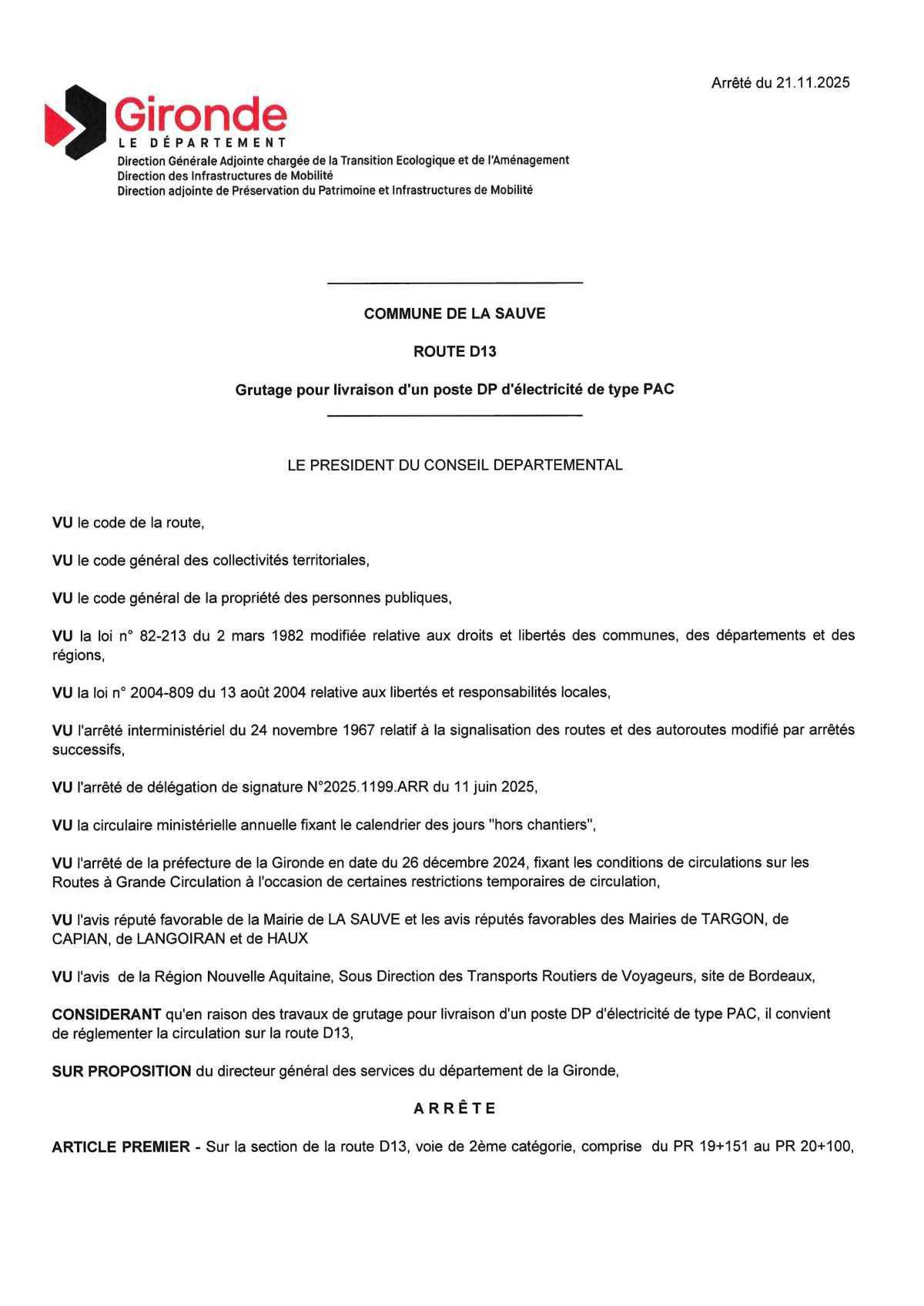 Travaux sur la commune de La Sauve, le 18 décembre 2025
