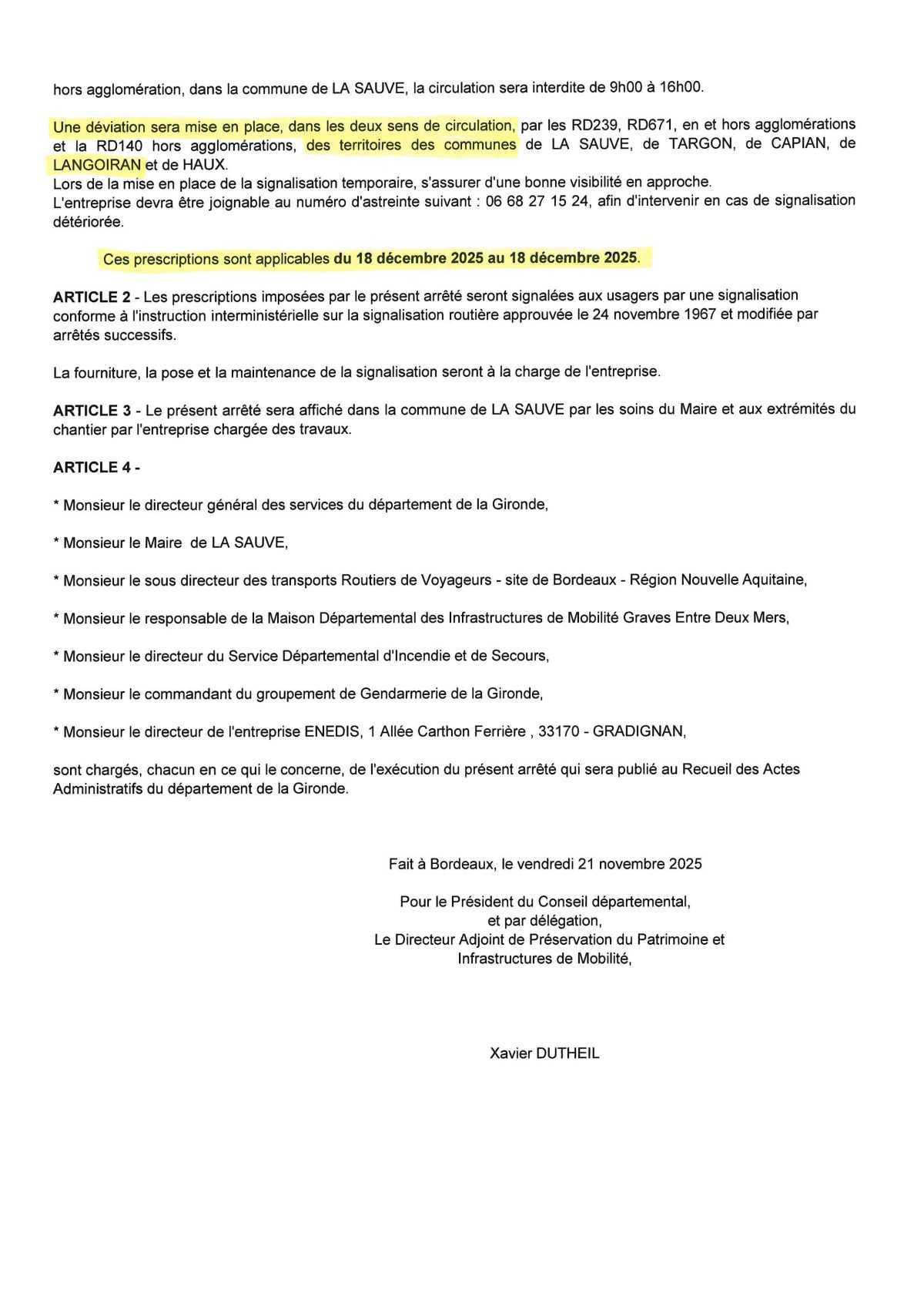 Travaux sur la commune de La Sauve, le 18 décembre 2025