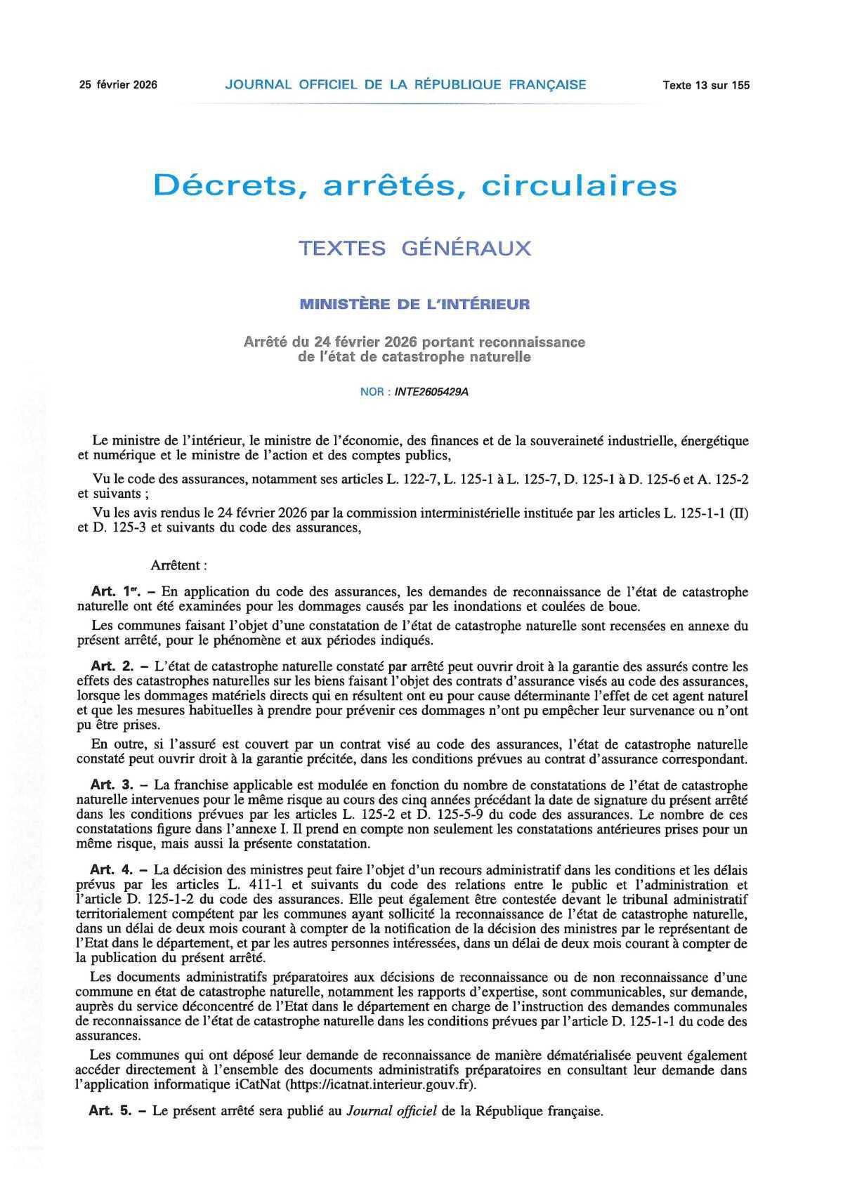 Reconnaissance catastrophe naturelle : inondations Reconnaissance catastrophe naturelle : inondations