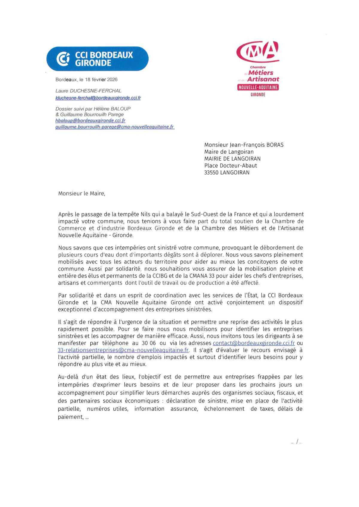 Message de la CCI et de la CMA Bordeaux Gironde